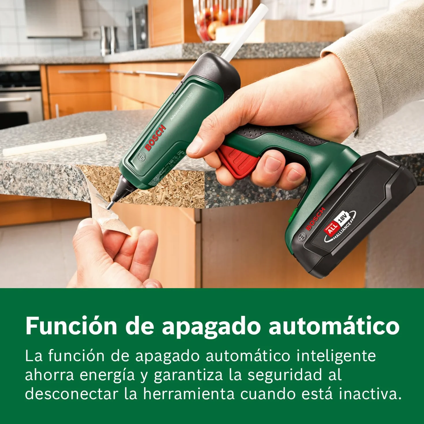 Bosch pistola de pegar a batería AdvancedGlue 18V (sin batería; sistema 18 V; 4 barras de cola; calienta en 90 s; modo doble temp. 130 °C - 200 °C; para bricolaje, reparación y más; embalaje cartón)