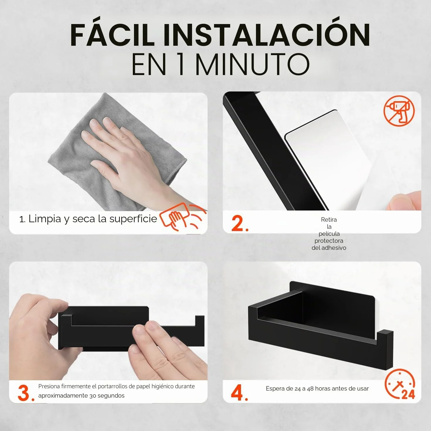 Portarrollos Papel Higienico Acero Inoxidable 2 Piezas Adhesivo Negro Auxmir