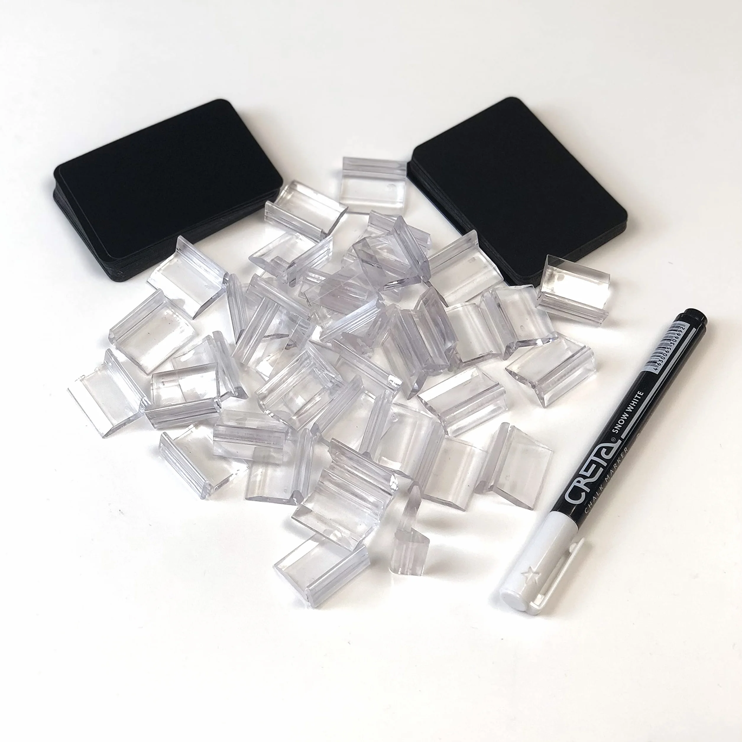 Pack de 40 Pizarras Sintéticas Reutilizables con Bases de 25mm y Rotulador Tiza Líquida, Porta Precios Transparente