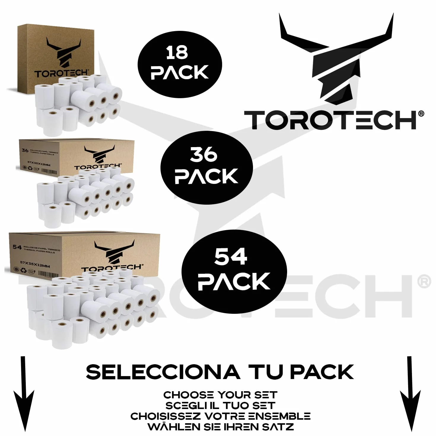 TOROTECH Rollos de Papel Térmico Blanco para Datáfonos 57x35x12mm - 18 Rollos -Ecológicos Sin BPA - Bobinas para Tickets Terminales Tarjetas Crédito Rodillos Impresora POS Alta Durabilidad (18)