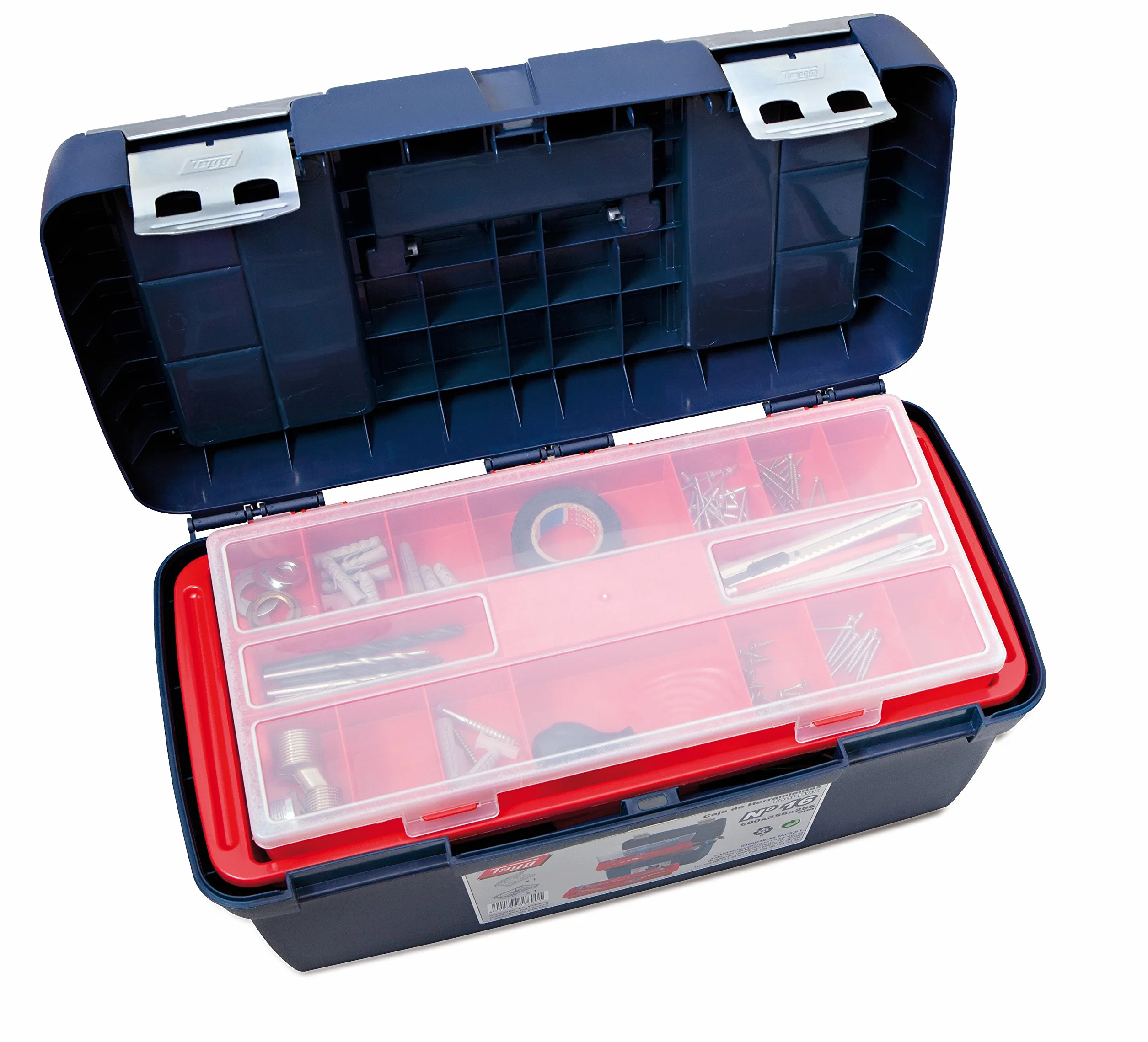 Tayg Caja Herramientas 16, Bandeja Doble Capacidad, Cierres Metálicos, Caja de Herramientas de Polipropileno, Soporta hasta 120 kg, Medidas 500 x 258 x 255 mm, Azul/Rojo