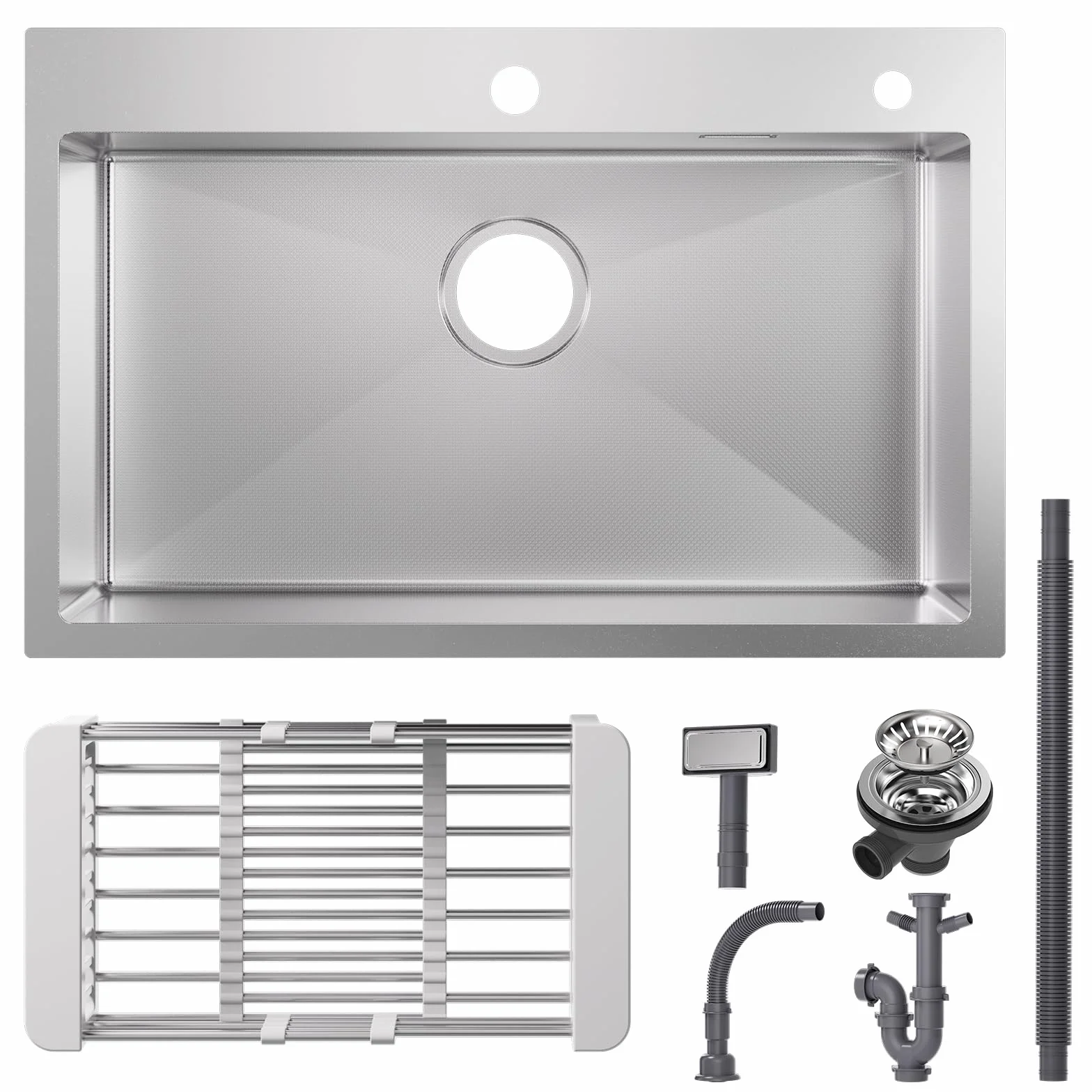 CECIPA 70×45cm Fregadero Sobre Encimera Con Cesta de Drenaje, Grande Cocina 1 Seno Para Armarios de 70cm o Más, Multifuncional de Acero Inox Con Sifón, Rebosadero y Residuos