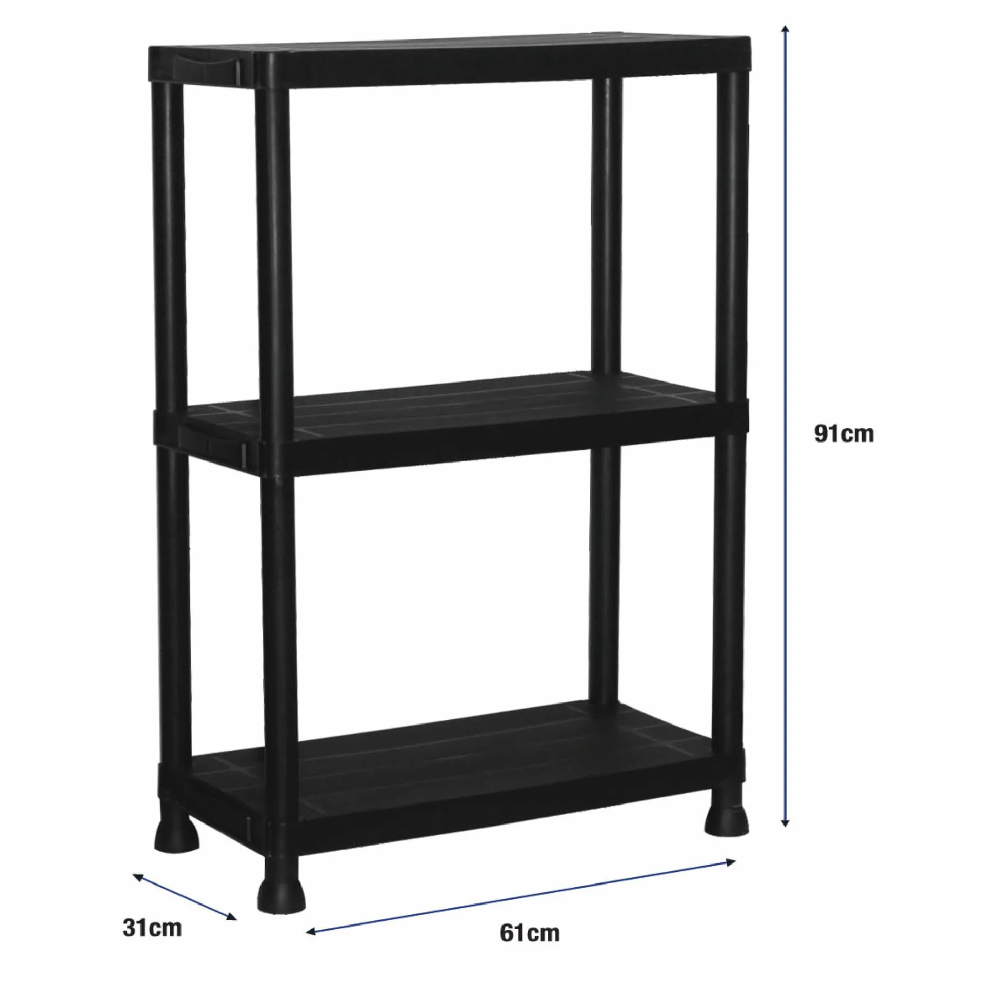 Pack 2 Estanterías de Resina 3 Baldas Negra | Organizador de Plástico 91x61x31 cm | Capacidad 75kg | Resistente a la Humedad y Óxido | Montaje Rápido sin Herramientas | Trastero y Lavadero