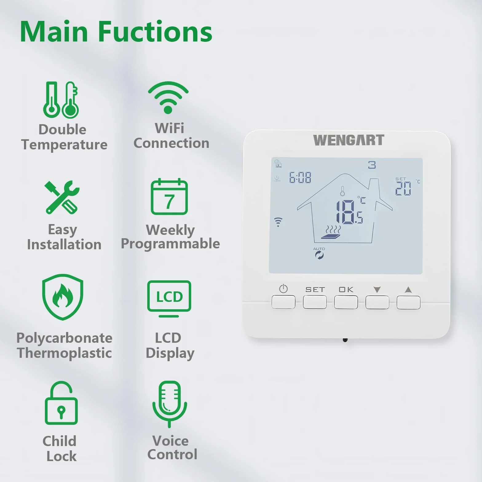 Wengart Termostato WiFi Inteligente para Suelo Radiante por Agua (3A),Modo Frío y Calor Conmutable,Compatible con Alexa/Google Home,App Tuya/Smart Life,Caja Redonda 60mm, Detección de Ventana Abierta