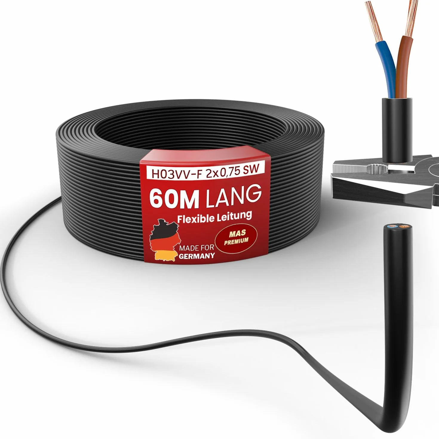 MAS Premium De 5 a 100 m de manguera de plástico, cable flexible H03VV-F 2 x 0,5, 2 x 0,75, 3G0,75 ó 4G0,75 o 4G0,75, cable de dispositivo (H03VV-F 2 x 0,75 SW, 60 m)