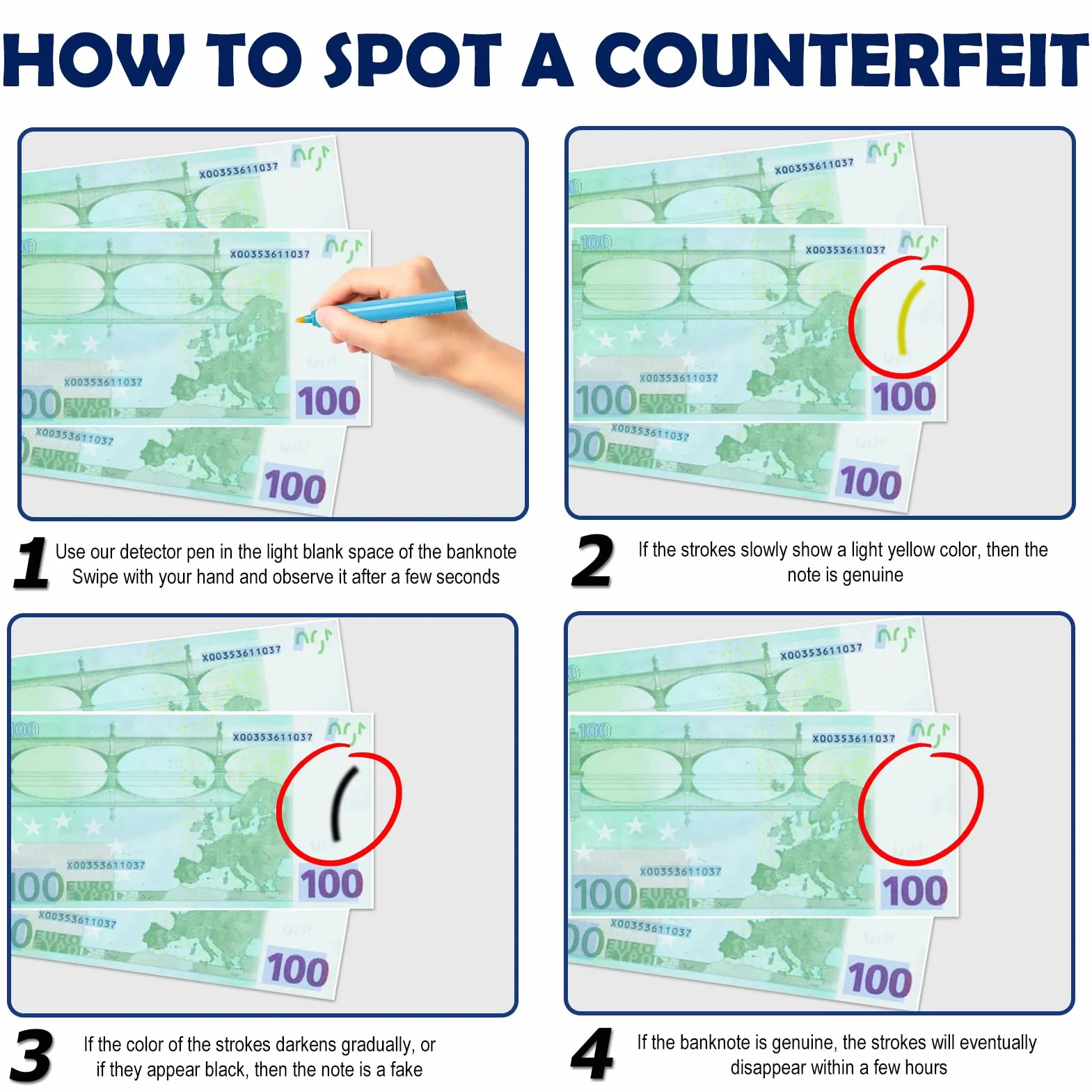 Bolígrafos Detectores de Billetes Falsos con Luz UV, Detector Portátil para Euros, Dólares, Libras