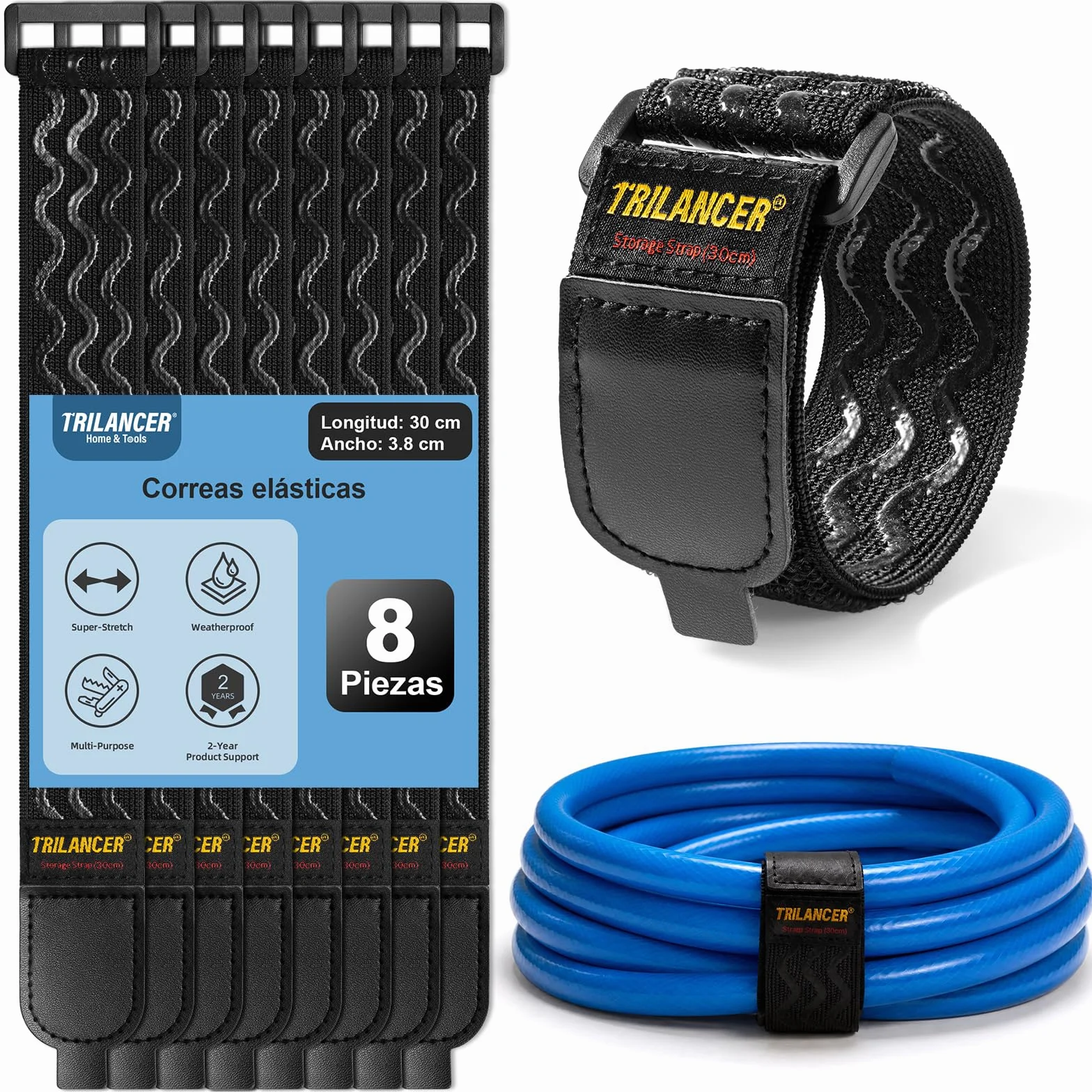 Trilancer Correas de Cincha Elástica con Tiras Antideslizantes,30 cm x 3.8cm (Pack de 8) Correas con Hebilla Multiusos con Lengüeta de Tirado Fácil para Cables,Cuerdas,Mangueras, Bicicletas,Pantalones