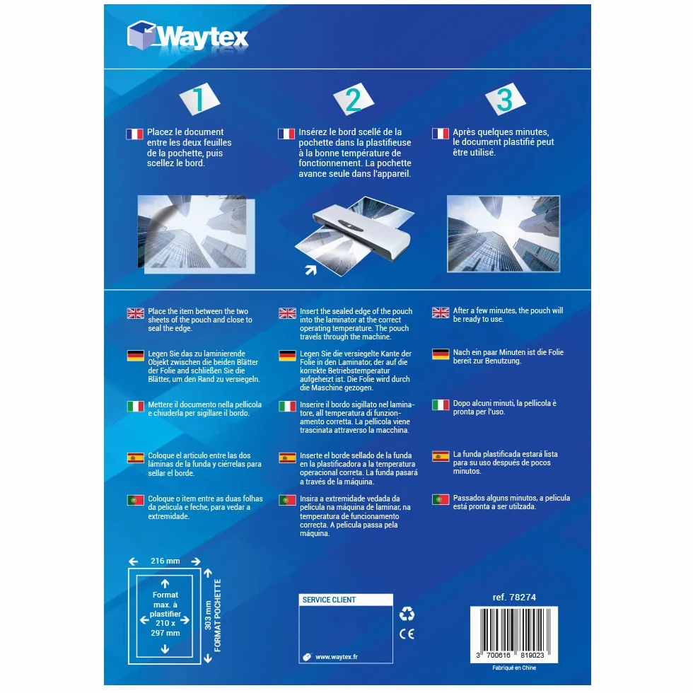 Waytex Pack de 50 hojas de plastificación A4 125 micras brillante transparente