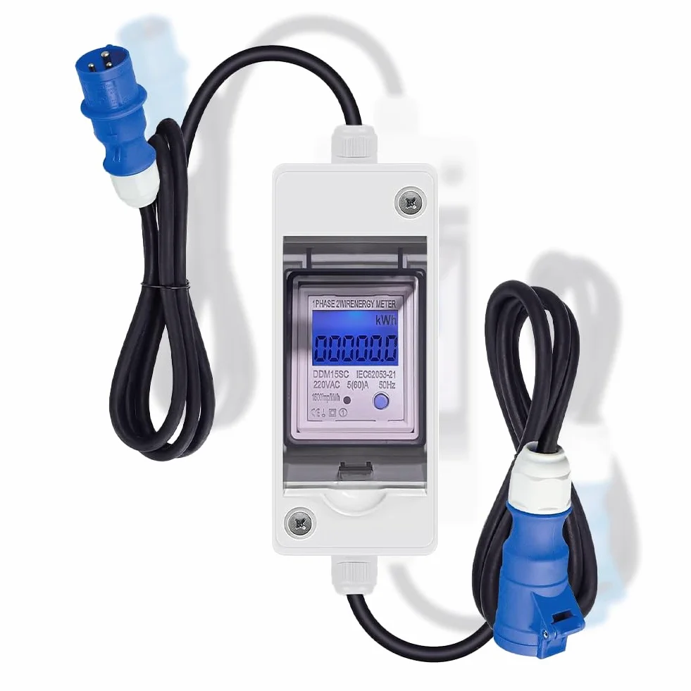 Medidor de electricidad digital portátil, para exteriores, con impermeabilidad IP67, portátil, medidor de corriente para camping, enchufe y acoplamiento, medidor de potencia LED con función de