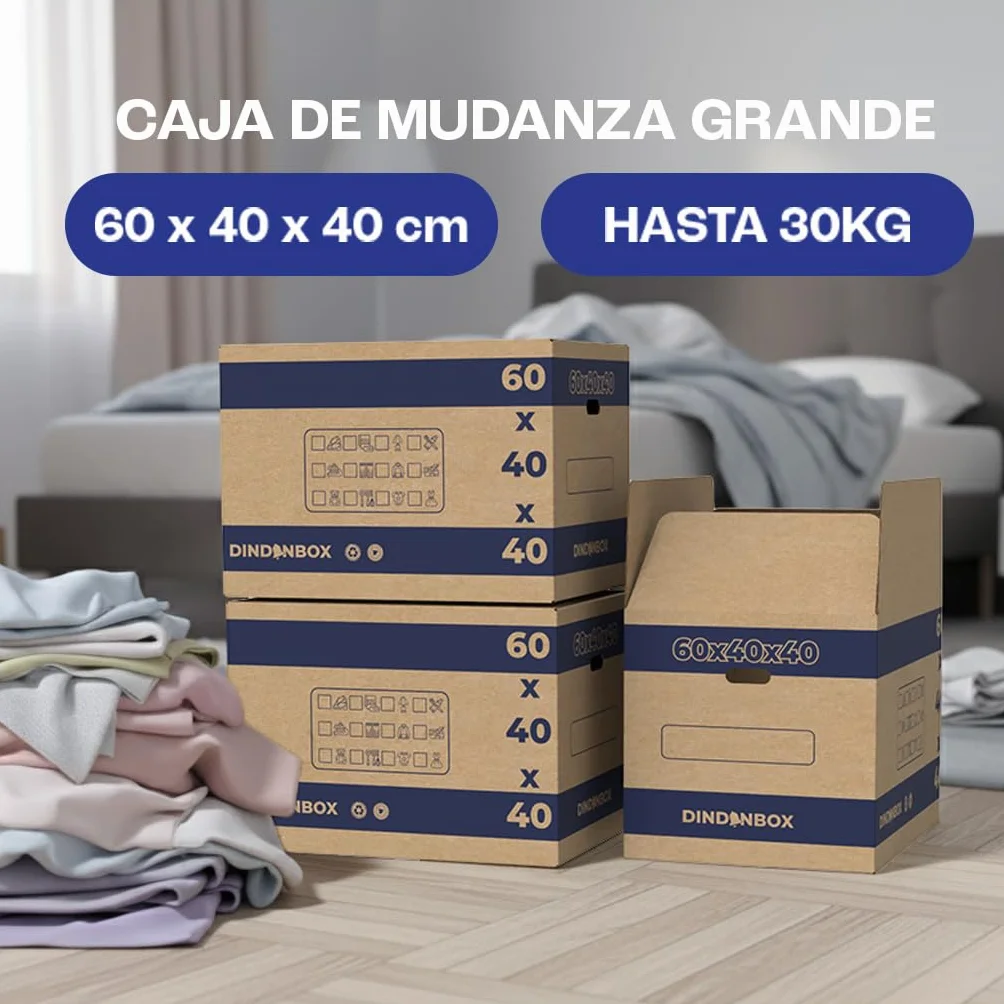 Cajas de Cartón para Mudanza 60x40x40cm con Precinto y Asas, Cartón Corrugado Reciclado