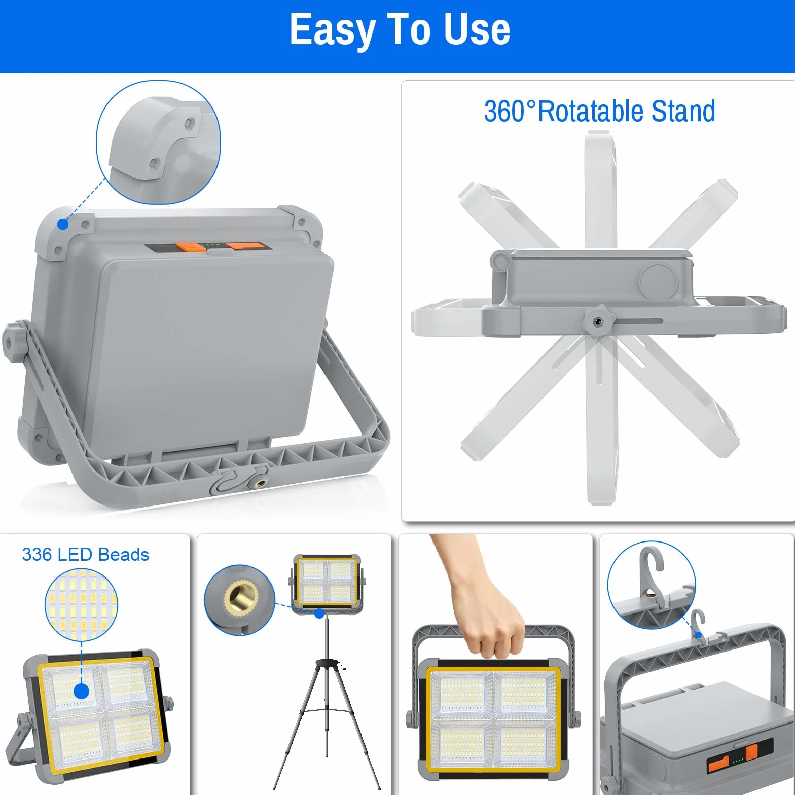 ERAY Foco LED Recargable 150W, Foco de Trabajo Portátil con Doble Panel Solar Batería de 9000mAh/336 LEDs/4 Modos de Luz/IP66/Banco de Energía para Camping, Emergencia, Trabajo