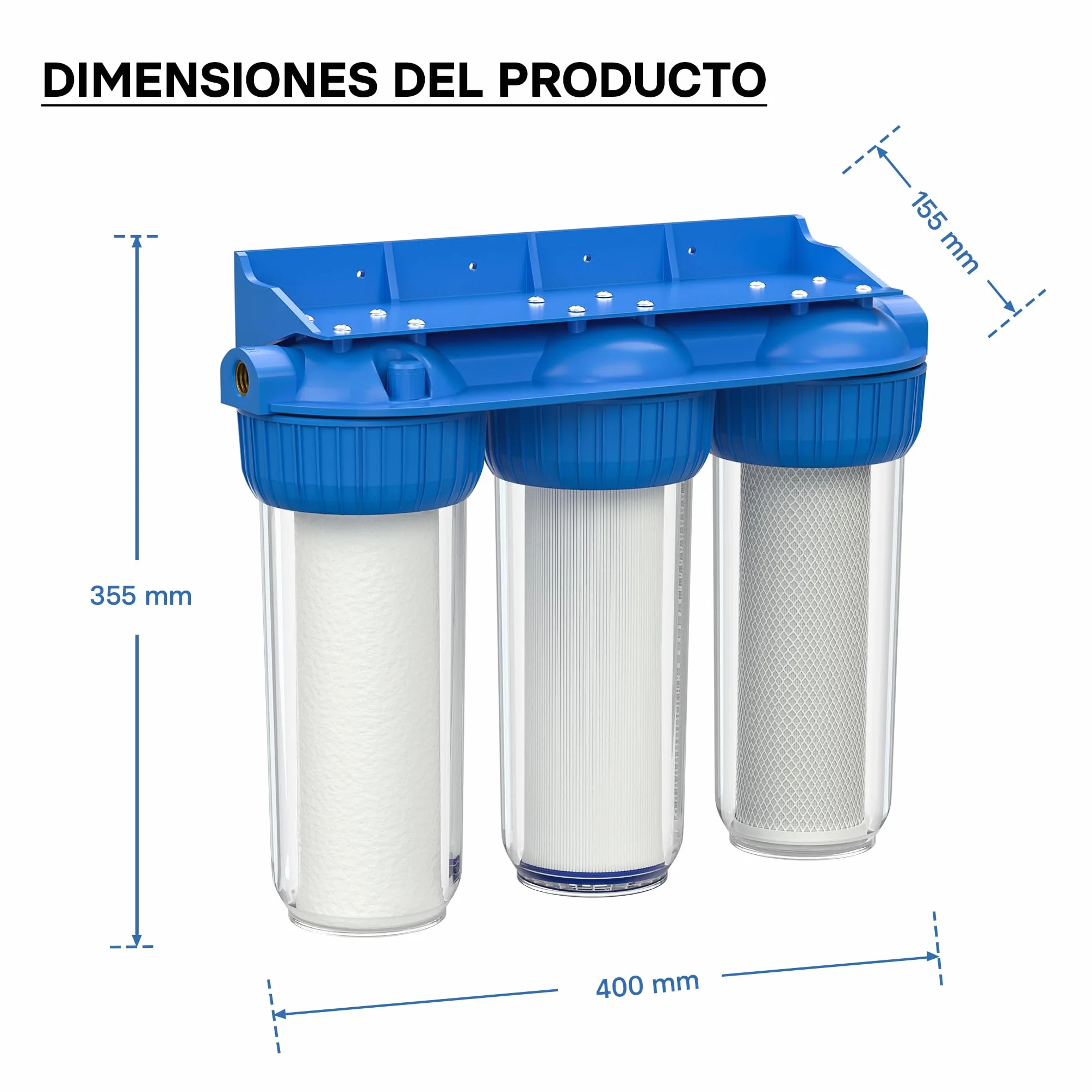 Naturewater NW-BR10B4 Filtro de agua 3-etapas 26.16mm (3/4") cartucho PP Ø60 mm, filtro con soporte de pared, con llave, filtración de sedimentos, carbón activado en bloque y en granulado