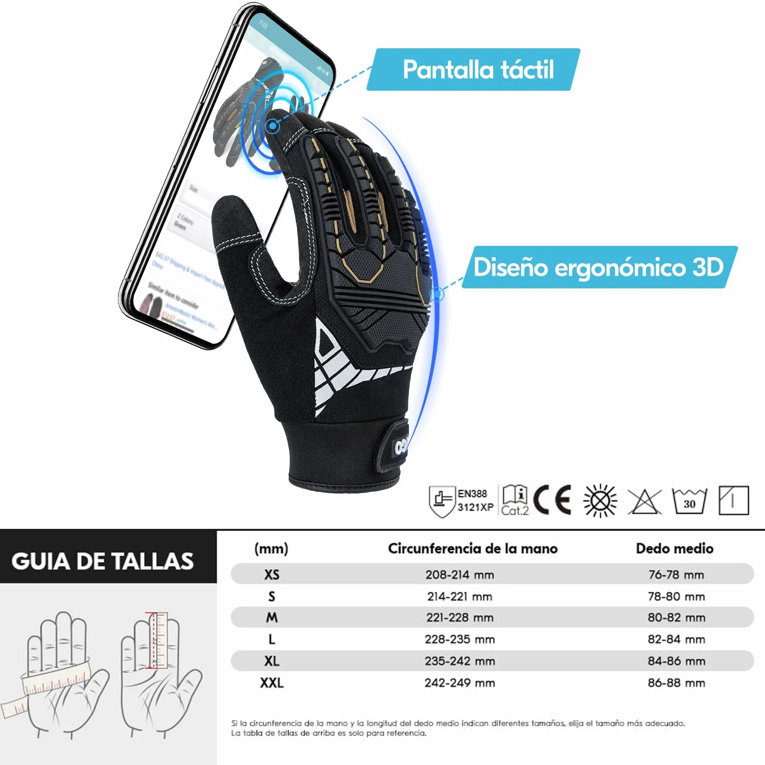 Vgo... Guante de Trabajo Resistentes Touchscreen Guantes Protección Antivibración para Obra Portero Montaje Mecánicos, 1 par