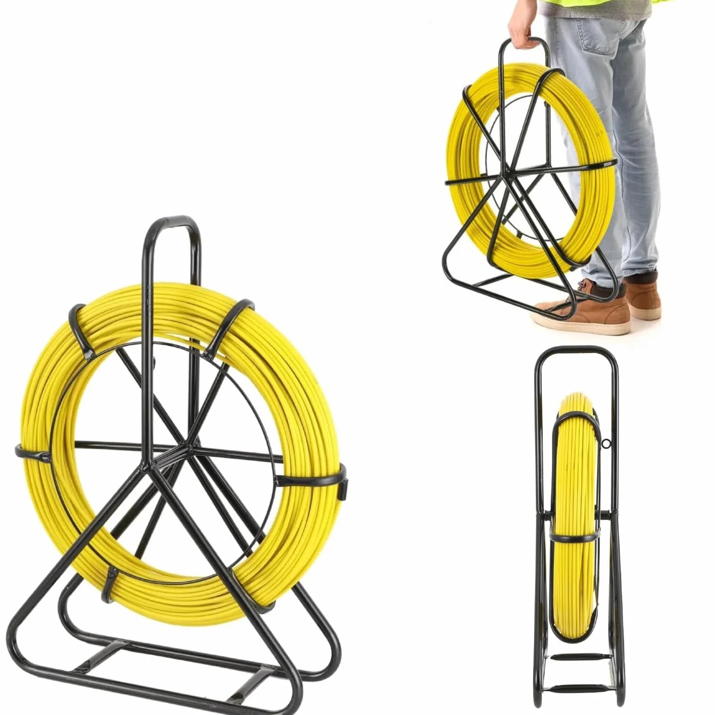Guía de Fibra de Vidrio Fish Tape Cable de fibra de vidrio Cable Eléctrico de Fibra de Vidrio100m Ø6mm Conducto Cable Rodder Fibra de Vidrio Cable Rod Extractor con Jaula y Soporte