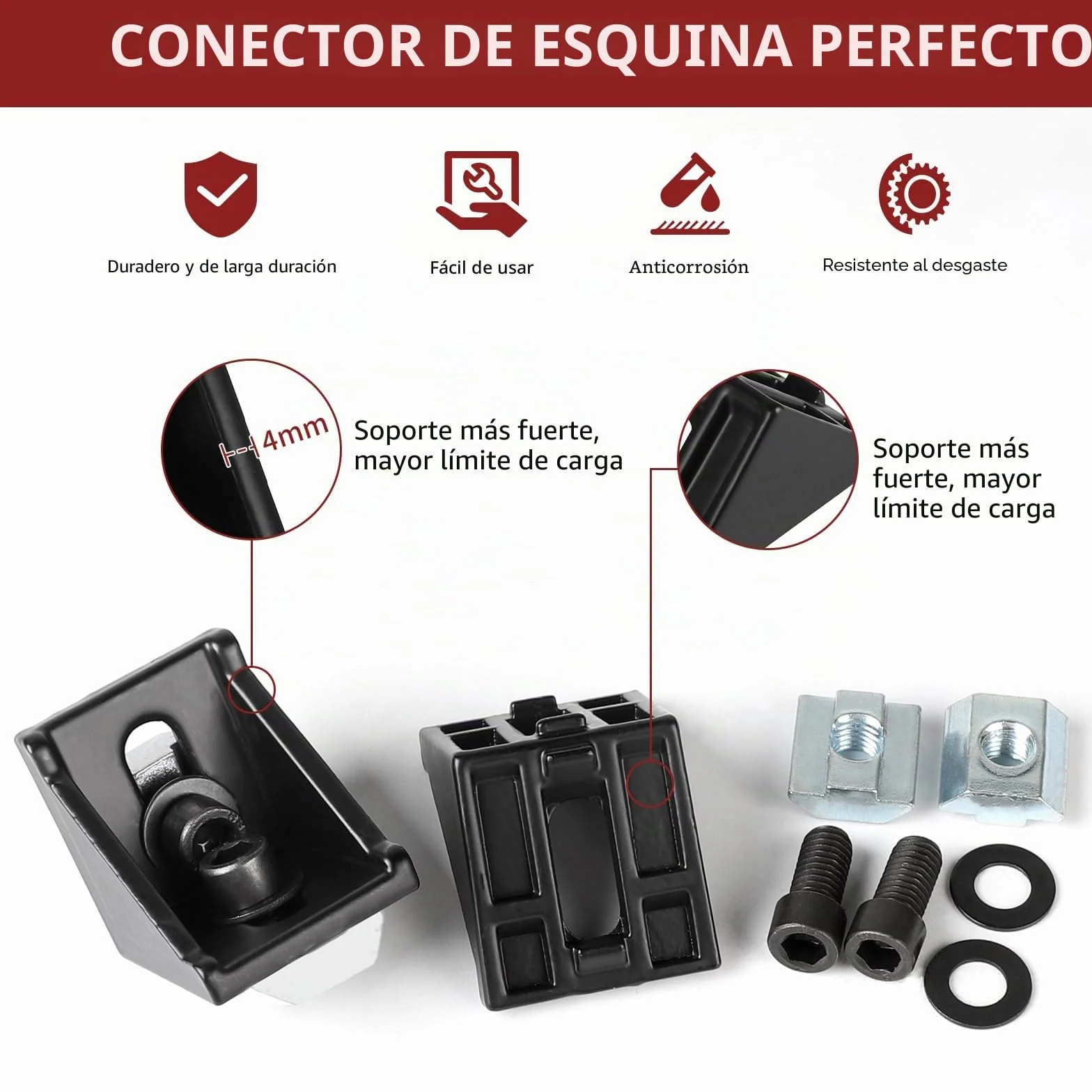 20pcs Conectores angulares de aluminio, ángulo de 40 x 40, Soporte de pared de ángulo de 90 grados, Perfil de aluminio 4040, Ranura 8 para perfil de puntales, Impresora 3D