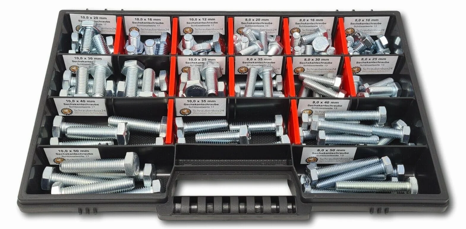 Surtido de tornillos hexagonales M8-M10 // 10 mm - 50 mm, 110 piezas, DIN 933