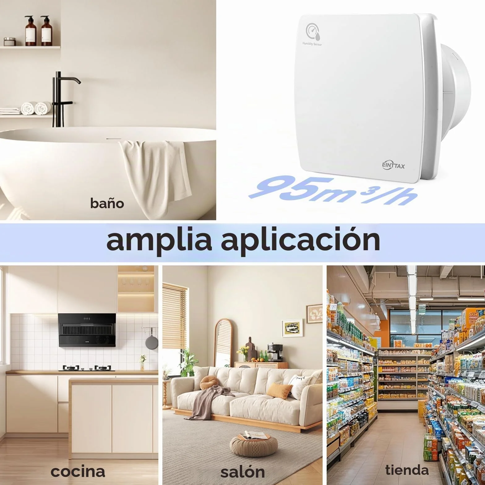 Ventilador extractor silencioso 100 mm baño sensor humedad temporizador blanco cuadrado 95 m³/h pared ventana cocina ducha