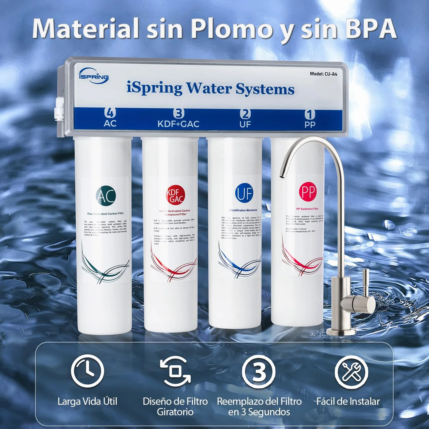 iSpring CU-A4 0.01μm Ultrafiltración Bajo el Fregadero, Sistema de Filtro de Agua, Sin Tanque, 4 Etapas, Alta Capacidad, Elimina el 99,99% de Contaminantes, Cambio Rápido, Filtro con Grifo de Cromo