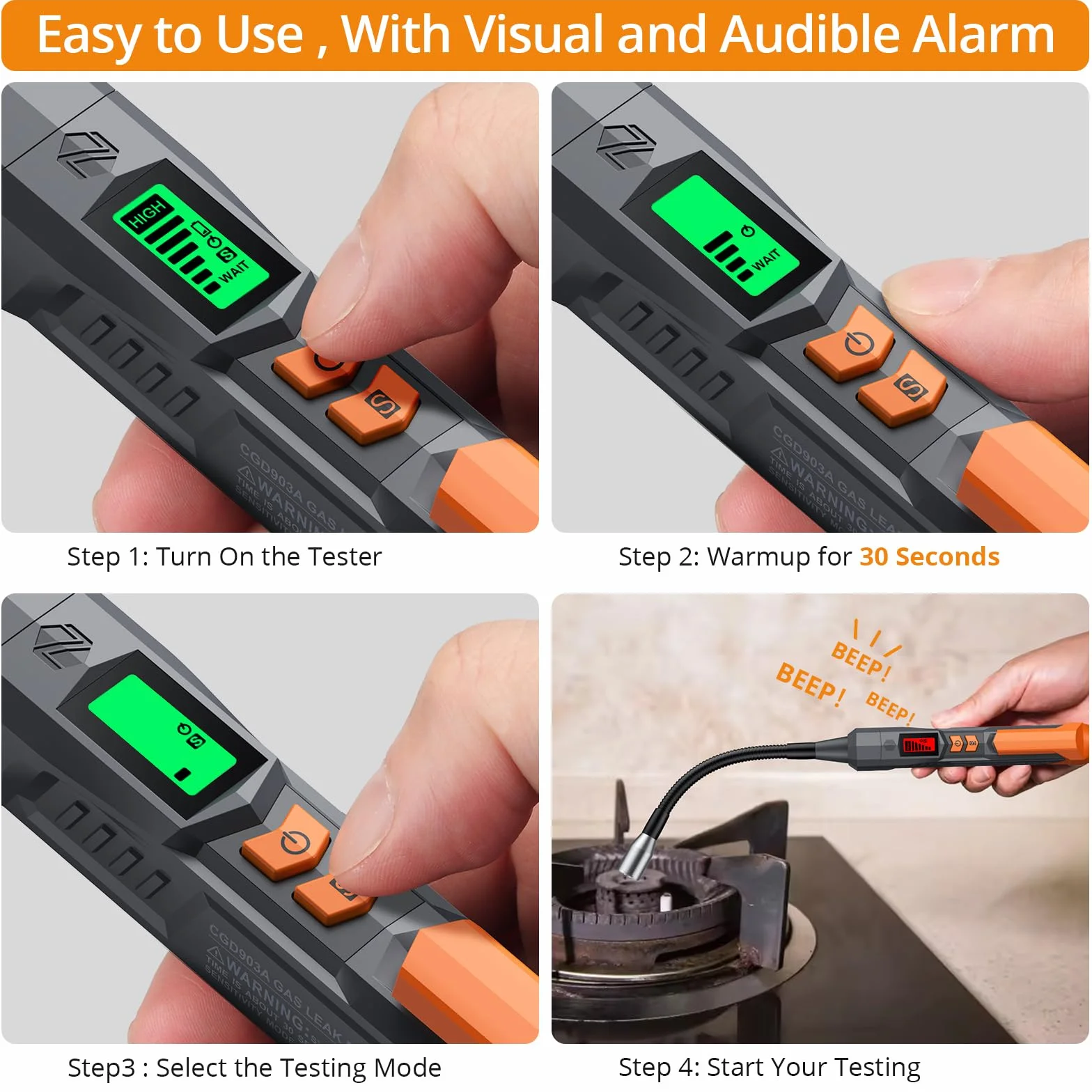 Neoteck Detector de Gas Detector Gas Natural con 4” Sonda Flexible Portátil de Fugas de Gas con Alarma Audible&Visual y Sensibilidad Ajustable para Metano Propano GLP Butano Gasolina Gas Natural