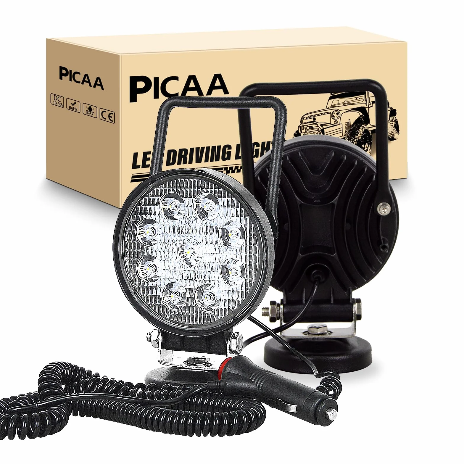PICAA 2 luces LED luz de trabajo 4 pulgadas 27W portátil 12V 24V Foco Luz de trabajo impermeable Base magnética LED Faro para Tractor Remolcador Carretilla elevadora ATV Camión Offroad 4x4