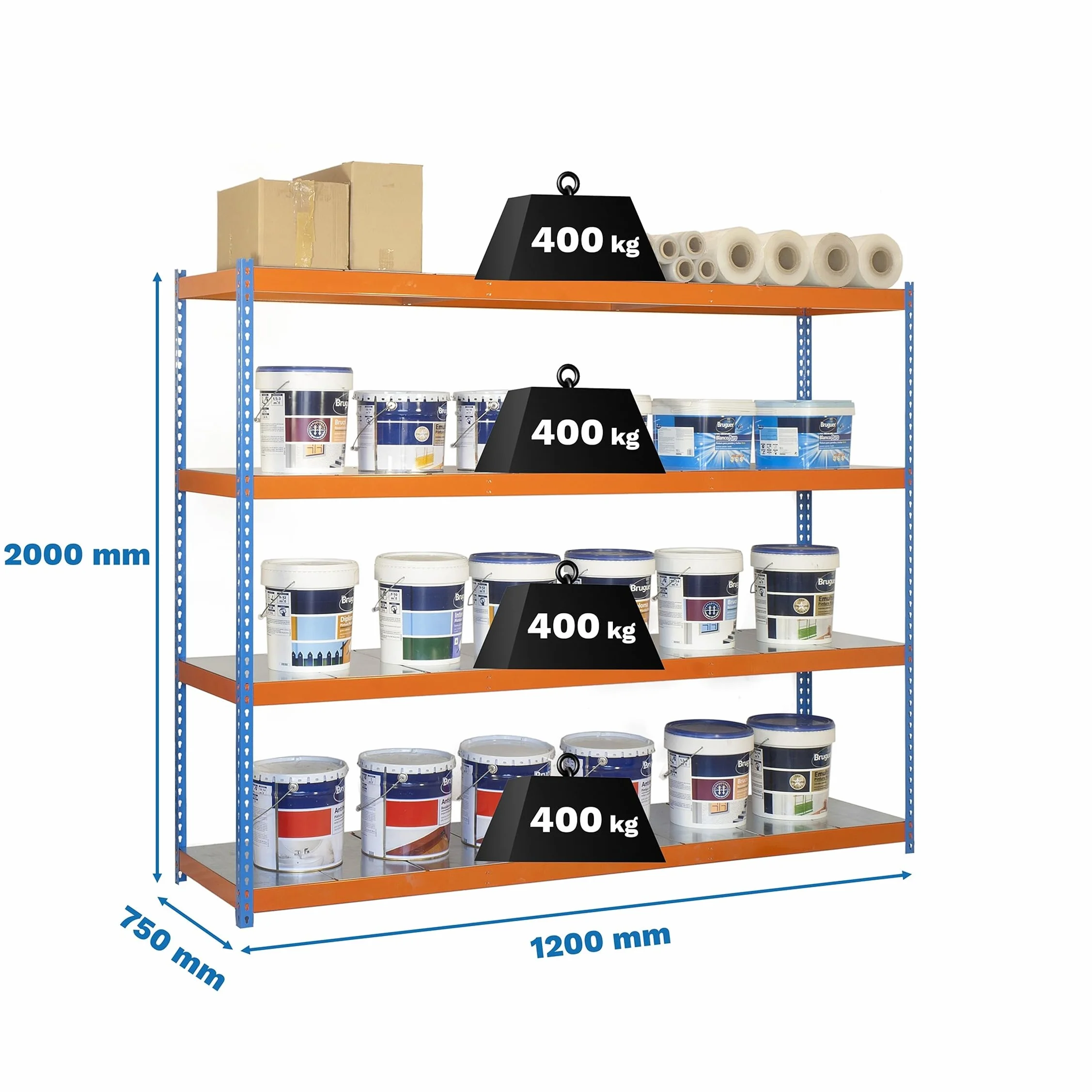 SimonRack Estantería Metálica Almacenaje, Sin Tornillos, 4 Baldas, Alta Capacidad Carga 400 kg, 2000x1200x750 mm, Estantería Taller Garaje Trastero, Azul/Naranja/Galva