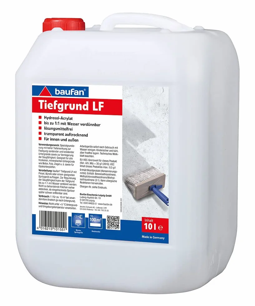 Baufan Imprimación profunda LF 10 l | para interior y exterior | sin disolventes | interior y exterior | transparente de secado | listo para usar