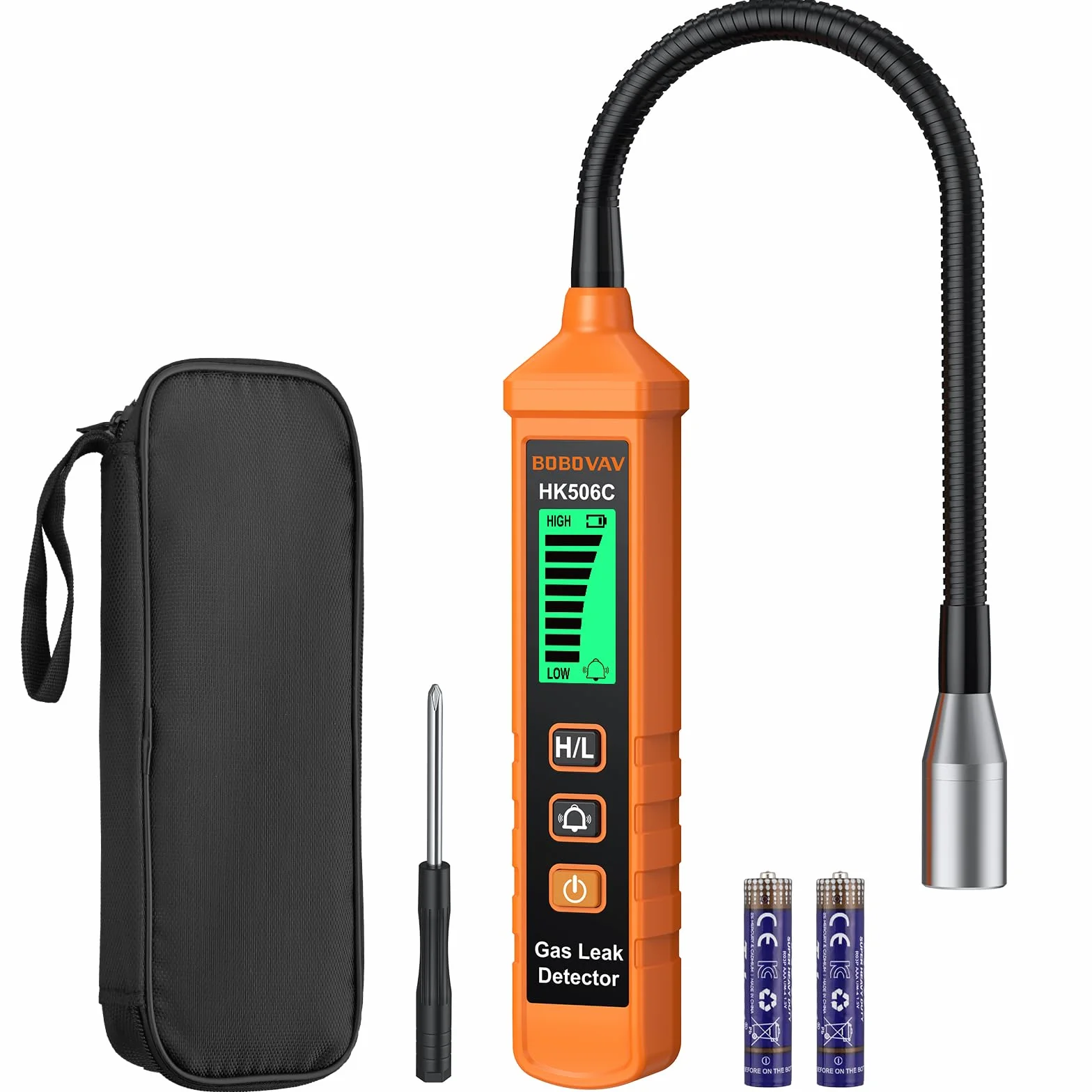 Detector de Gas Universal con Sonda 360° de 20cm, Doble Sensibilidad (300-10000ppm), Alarma Visual LED y Sonora (65dB), Modo Silencio, Tiempo de Precalentamiento 30s