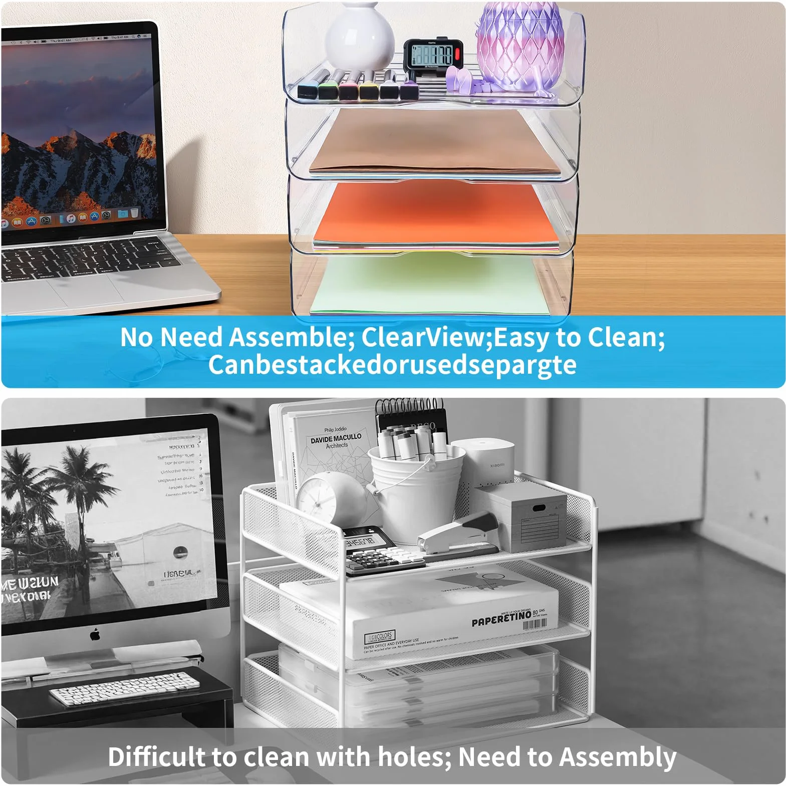 Organizador de escritorio transparente apilable 4 bandejas para archivos A4, iPad, cartas
