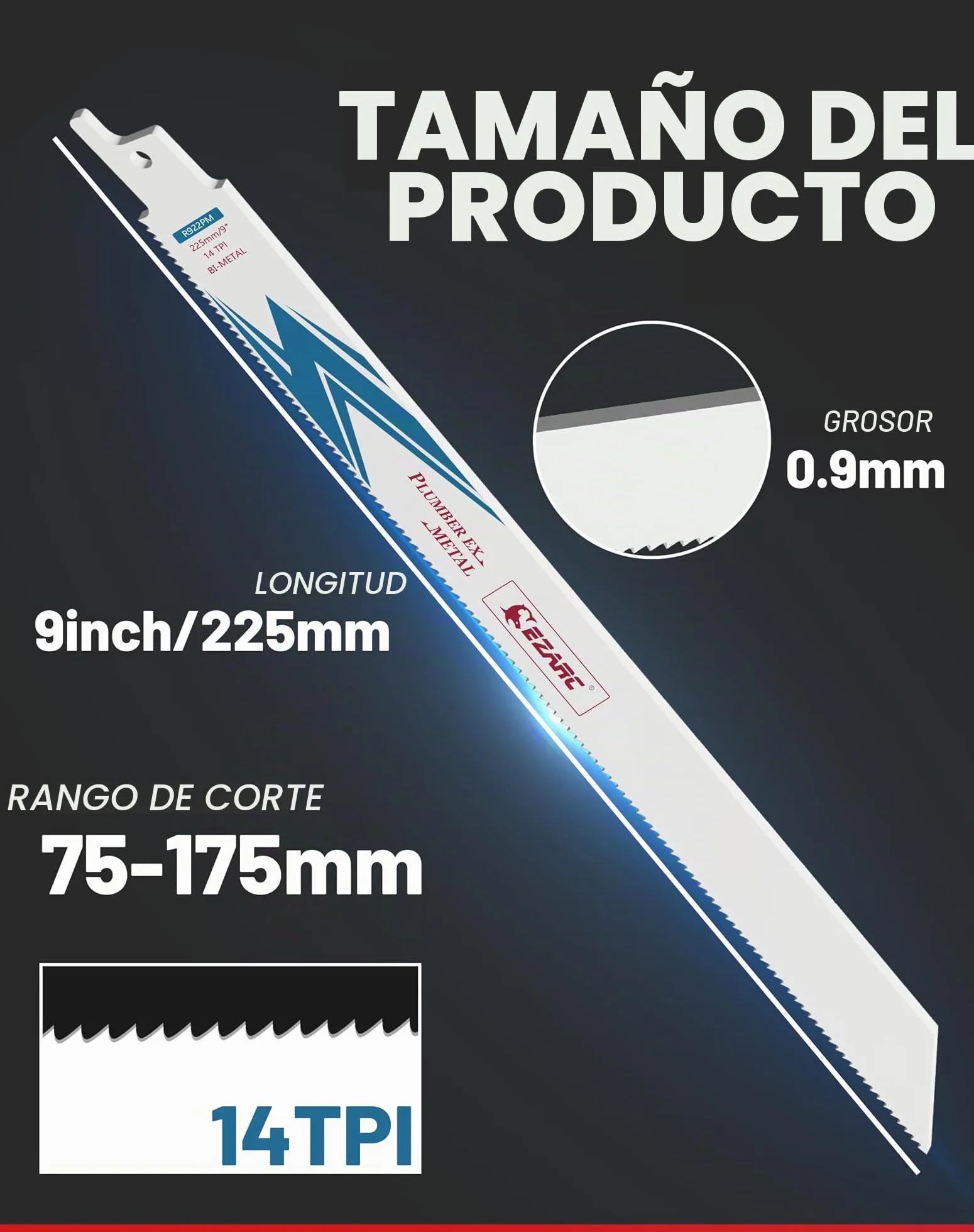 EZARC Hojas de sierra sable Bimetálica Cobalt R922PM 225mm 14TPI para Cortar Metales 5 piezas