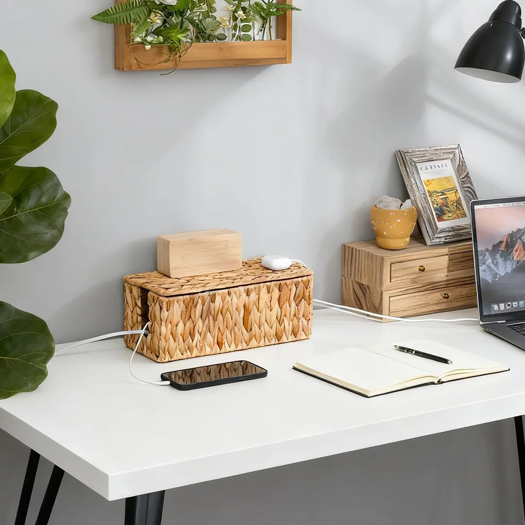 LOMUG Caja de cables de jacinto de agua hecha a mano, caja de cables con regleta con tapa, caja de gestión de cables con apertura lateral para ocultar cables, adecuado para oficina, hogar