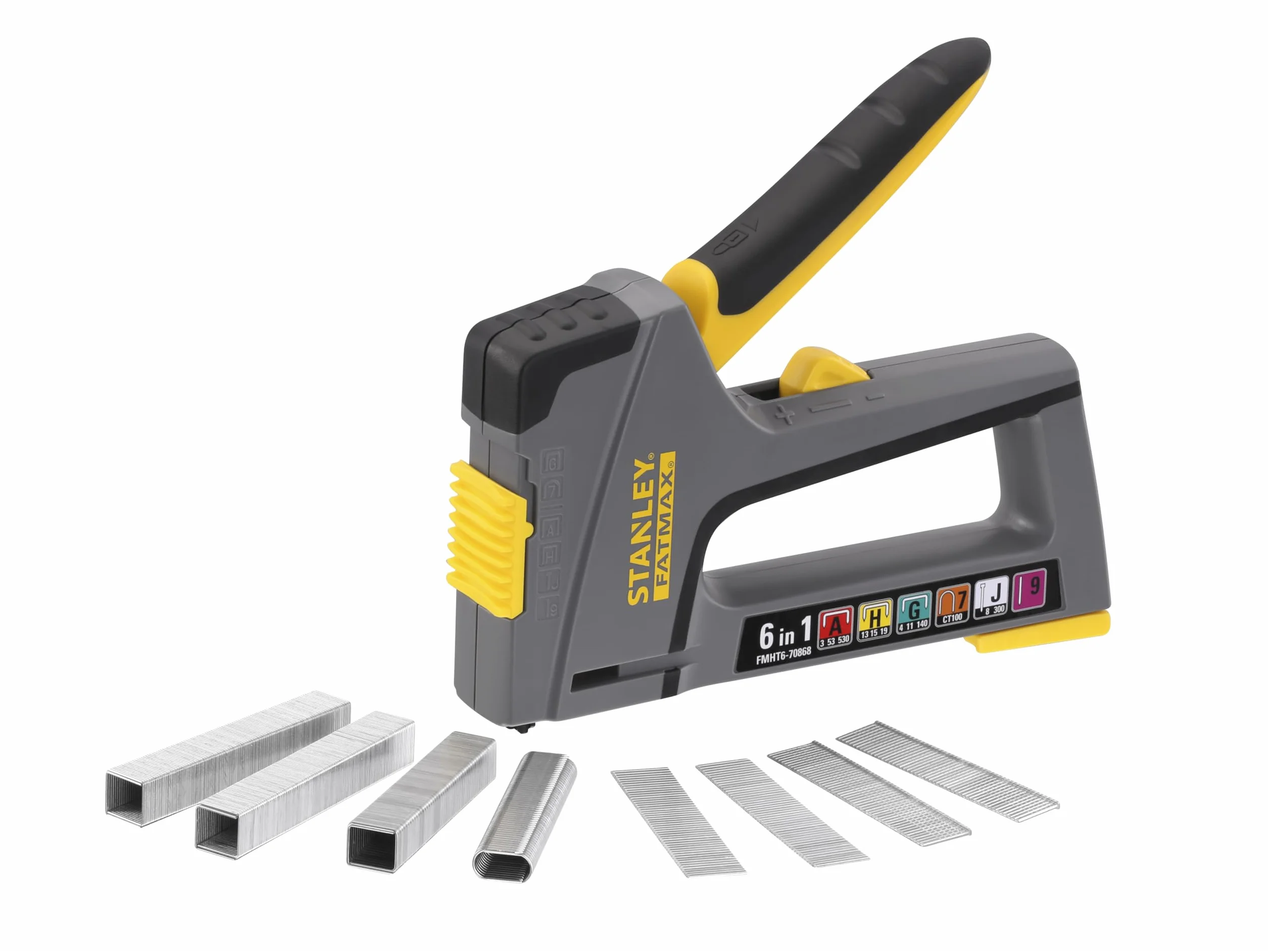 STANLEY FATMAX Grapadora 6 en 1, Compacta, Fácil Carga de Grapas, Cuerpo de Abs Reforzado, Intensidad Variable, Mango de Agarre Suave, Acepta 6 Tamaños de Grapa -FMHT6-70868