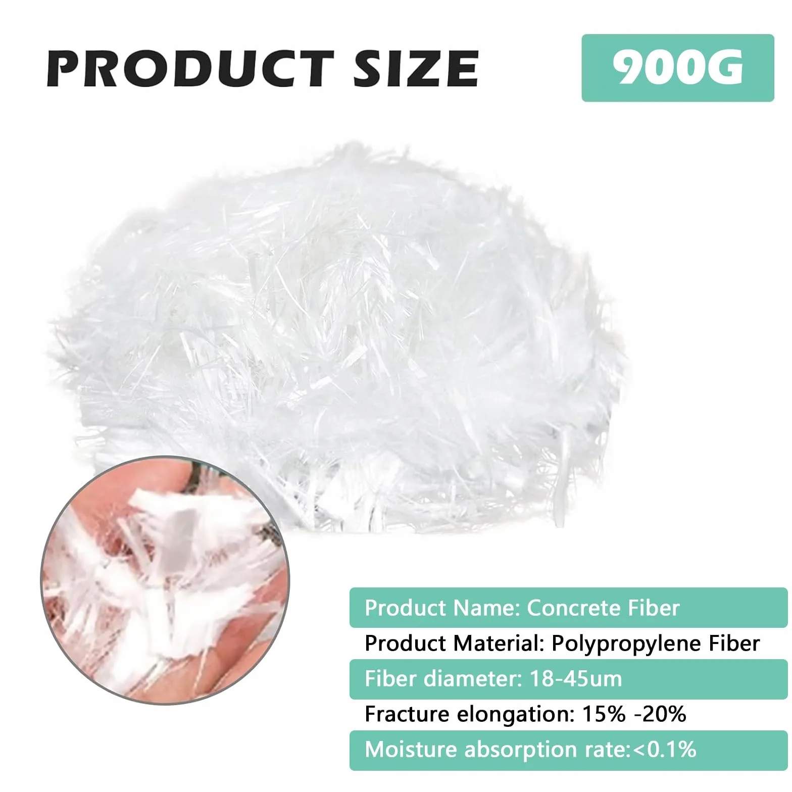 900 g de fibra de polipropileno, 12 mm para hormigón, fibras de polímero, resistencia de refuerzo de fibras de polímero, evita la formación de grietas, reduce la contracción, homogénea, para hormigón
