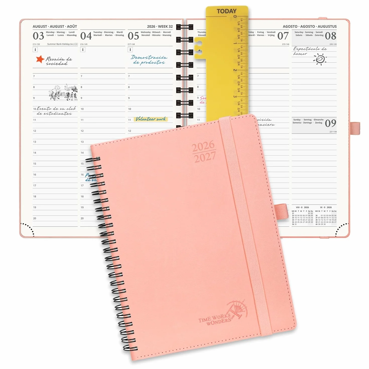 POPRUN Agenda Semanal 2026-2027 17 Meses Ago.2026 a Dic.2027 22,5 x 16,5 cm Tapa Blanda 80 GSM Papel Rosado