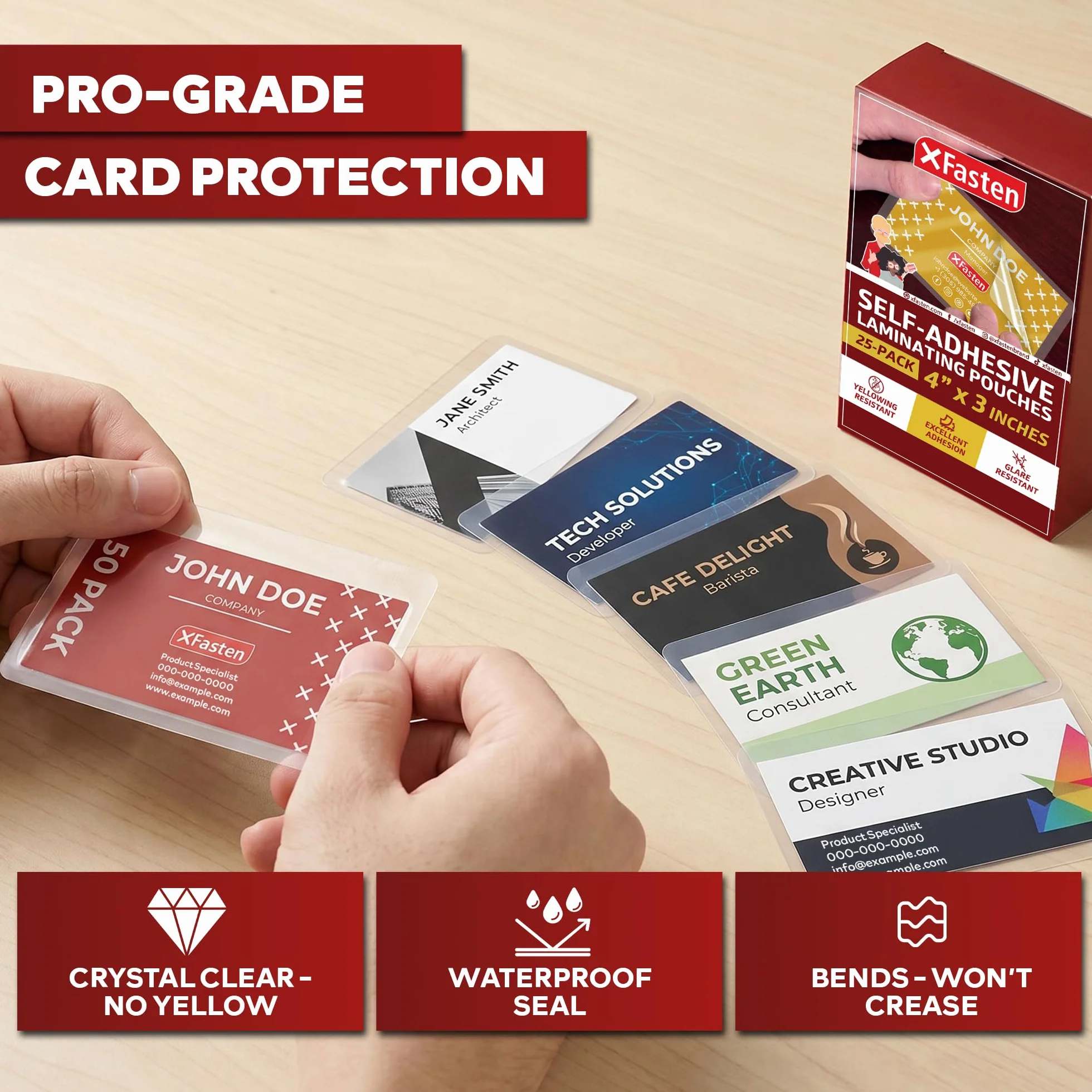 xfasten Fundas Plastificar Tarjeta Visita Autoadhesivas 9.5 Mil 4x3 Pulgadas Pack 25