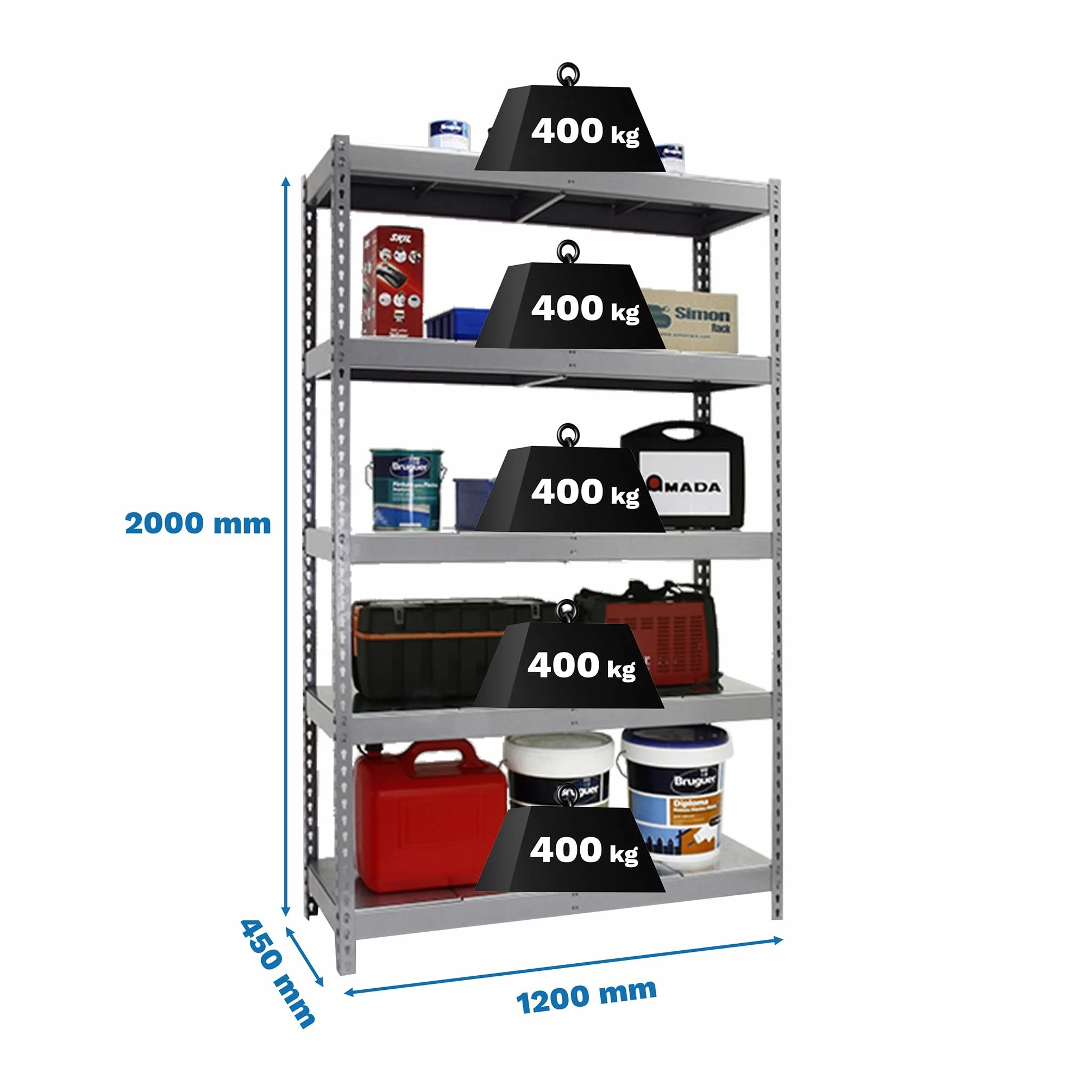 SimonRack Estantería Metálica Almacenaje, Sin Tornillos, 5 Baldas, Alta Capacidad Carga 400 kg, 2000x1200x450 mm, Estantería Taller Garaje Trastero, Galva/Galva