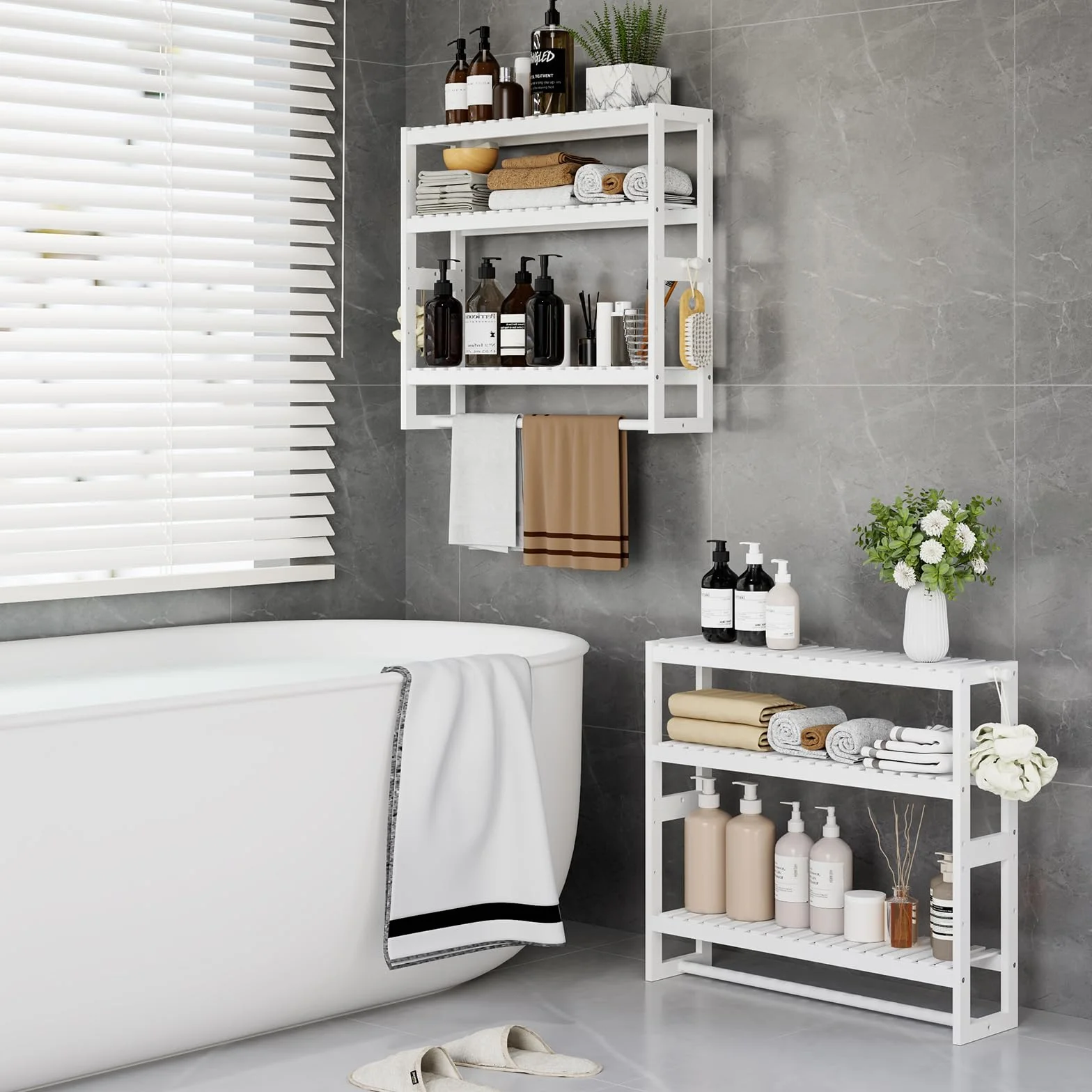 RRX Organizador de almacenamiento de estante de baño, 15 cm de profundidad x 60 cm de ancho x 53,8 cm de alto, organizador de cocina flotante de bambú de 3 niveles ajustable con barra, unidades de