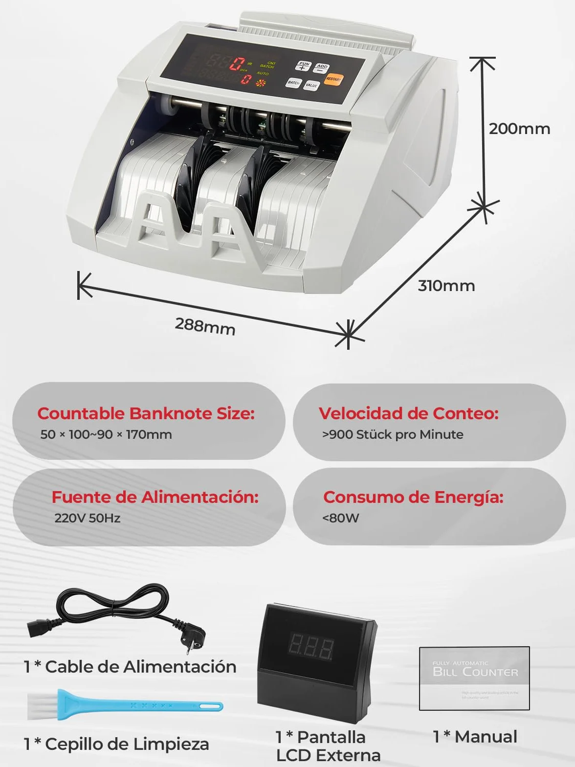 FOHERE Contador de Billetes Profesional 1100 Billetes/Minuto UV/MG/IR/DD LCD
