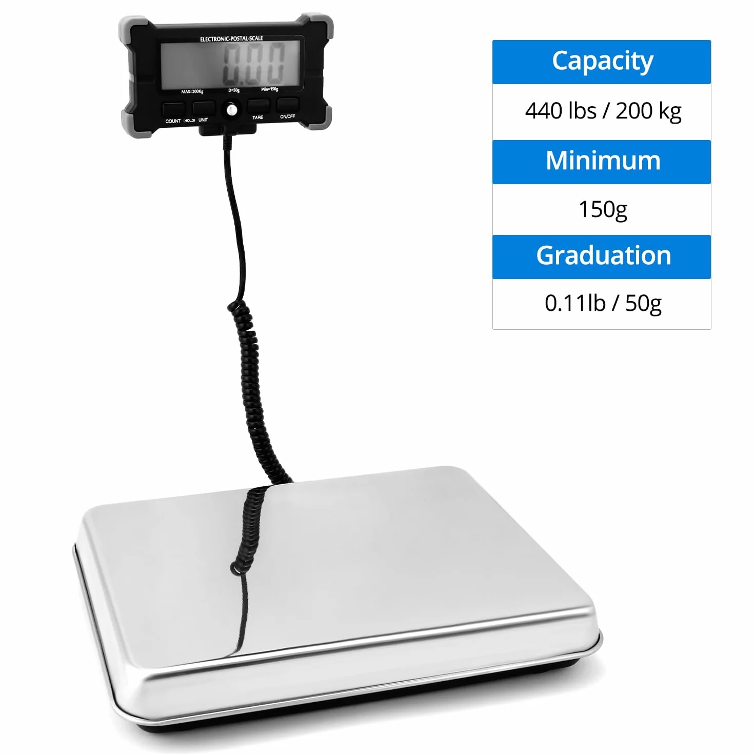 QWORK Balanza Digital 440 lb 200 kg con Función de Tara Pantalla LCD Separada para Equipaje Correo Almacén