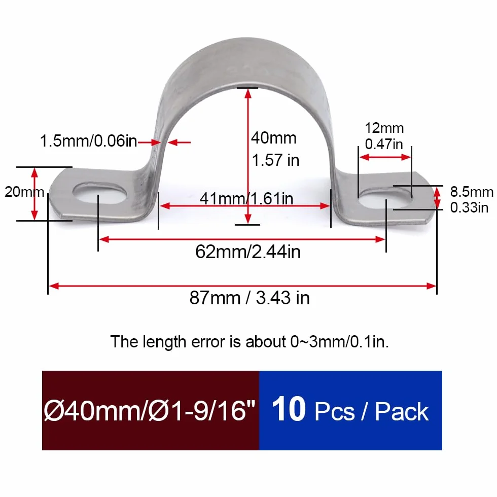 Abrazaderas Metalicas para Tubos Ø40 mm, MgcTolBox Clip para Tubo, U-Abrazadera de Acero Inoxidable para la Fijación de Tubos, Manguera o Cables - PACK 10 unidades