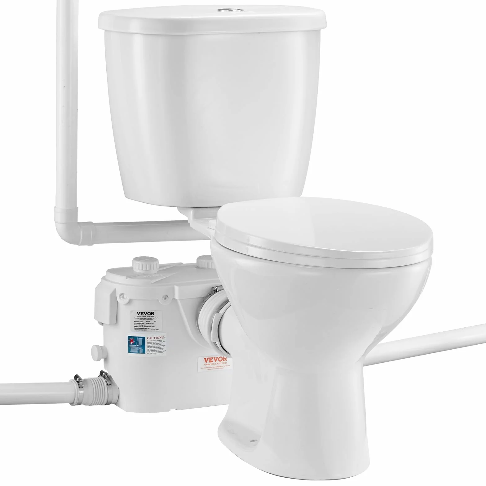 VEVOR Inodoro Sanitario Potente Bomba de Elevación de 500 W Sistema de Inodoro Compacto con Descarga Trasera e Inodoro de Descarga, 3 Entradas, para Eliminación Aguas Residuales, Sótano, Blanco