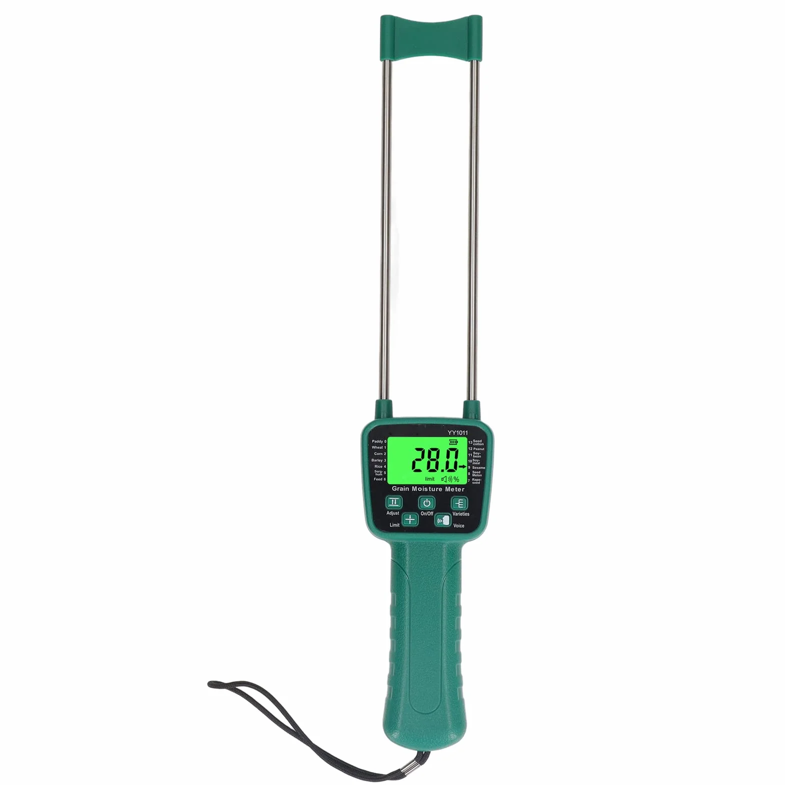 Ausla Medidor de Humedad para Granos, Pantalla LCD con Retroiluminación Sonda Doble Varilla Acero Transmisión Voz en Tiempo Real para Trigo Maíz Arroz Soja y 14 Cultivos