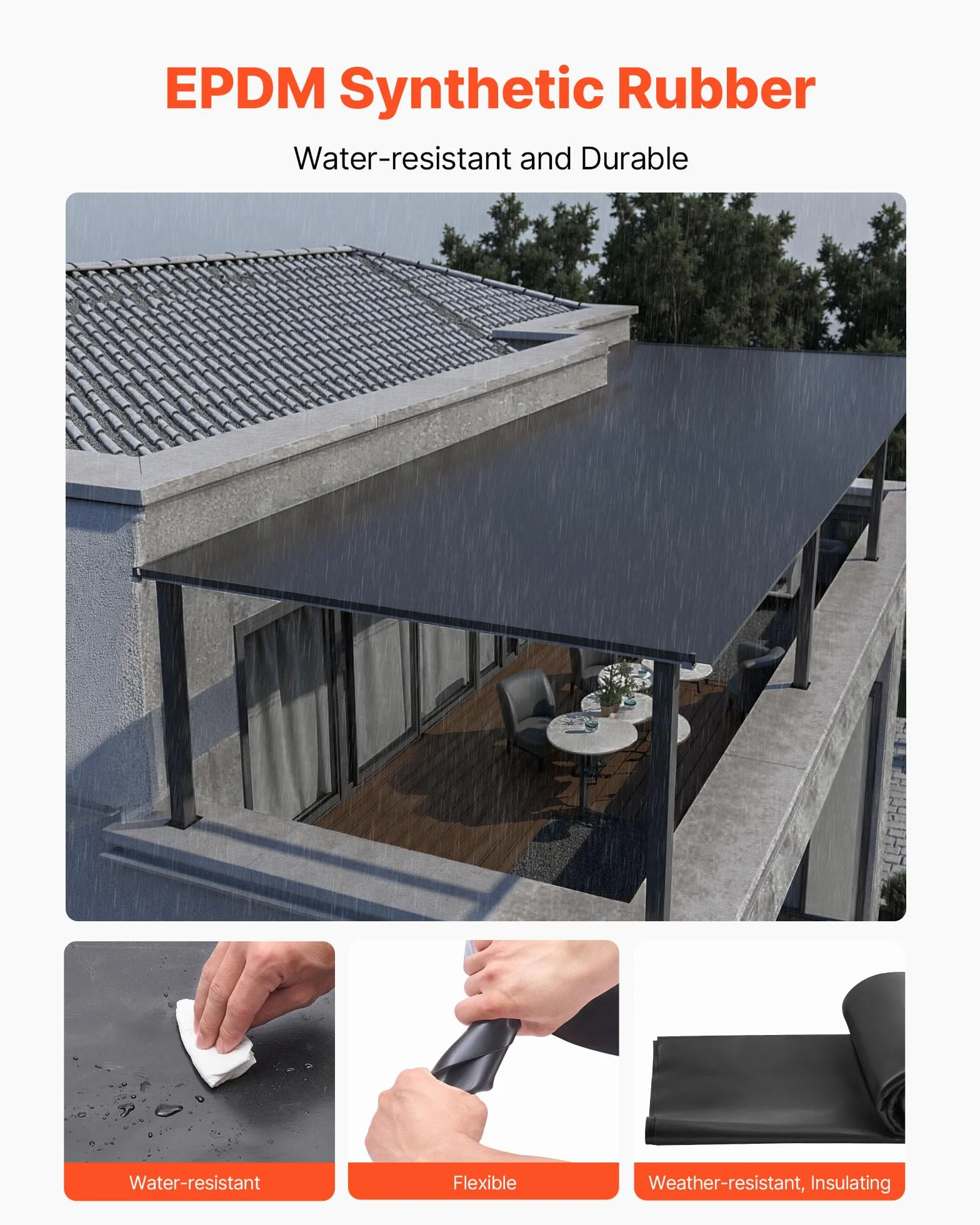 VEVOR Membrana para Techos 4,572 x 7,62 m, Lámina de EPDM de 1,14 mm, Impermeabilización de Cocheras, Duradera y Resistente a la Intemperie, Base para Autocaravanas, Techos y Estanques, Negro