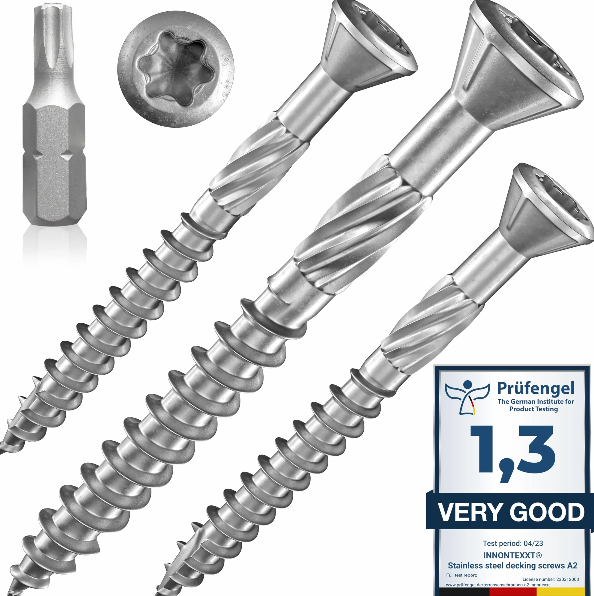 Tornillos para terraza Muesca de corte Torx | A2 TX25-5,0x60mm - 200 uds| Tornillos para tarimas de acero inoxidable de primera calidad con recubrimiento deslizante, tornillo tarima madera