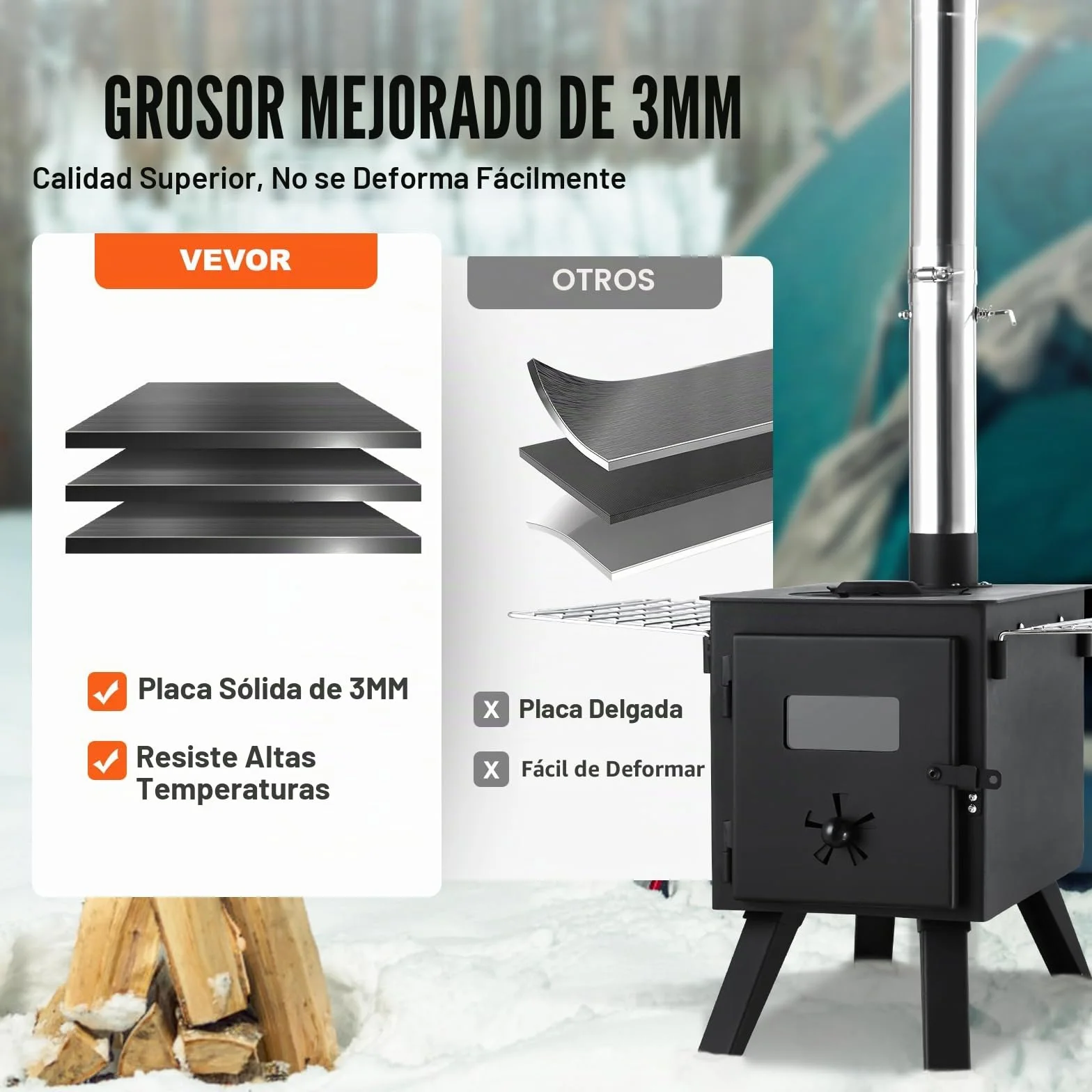 VEVOR Estufa de Leña Portátil para Tienda de Campaña Acero Aleación 8 Tubos Chimenea Guantes 394 x 608 x 425 mm