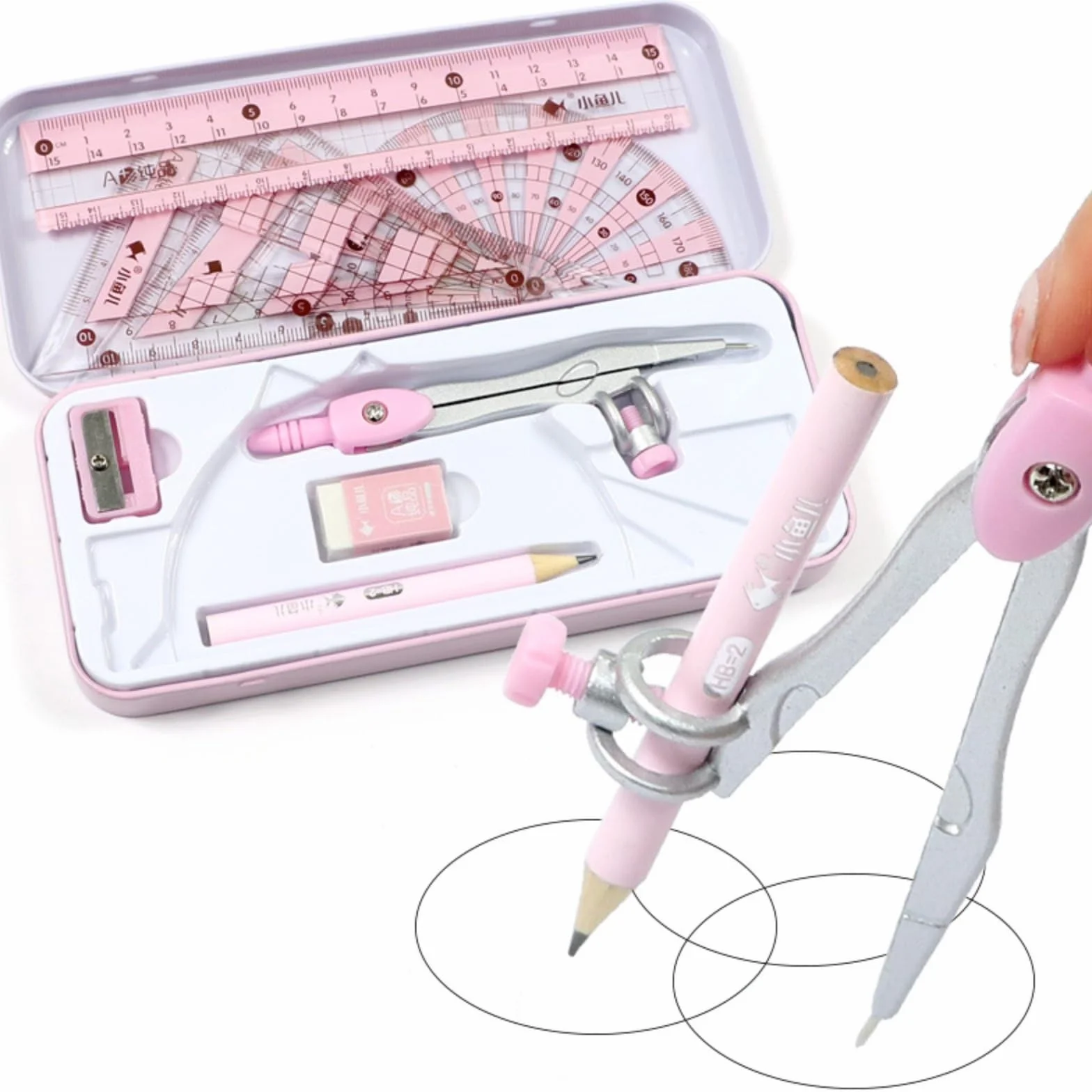 Escuadra y Cartabón 8 Piezas Compás Escolar Metal Durable Transportador Brújula Regla para Estudiantes Matemáticas Rosado