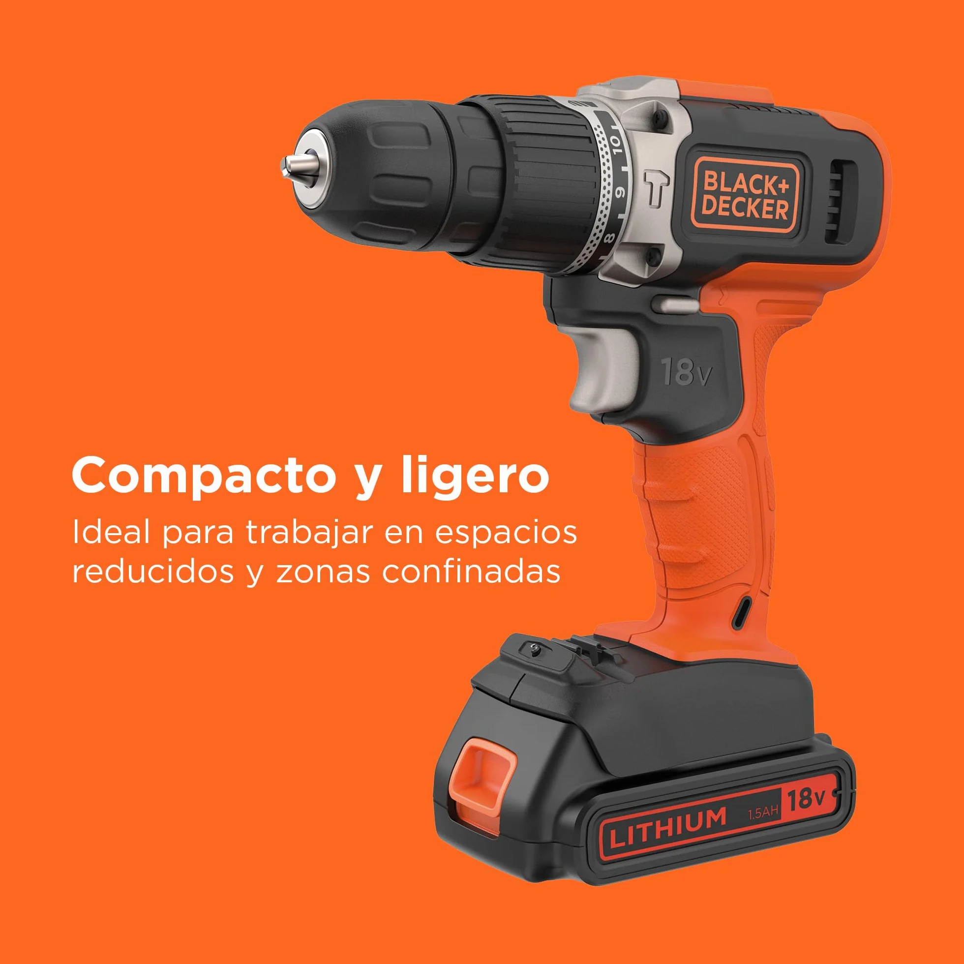 BLACK+DECKER Taladro percutor inalámbrico de 18V y 2 velocidades con dos baterías de 1,5Ah y cargador de 400mA, par de 45Nm, luz de trabajo LED y maletín, BCD003C2K-QW