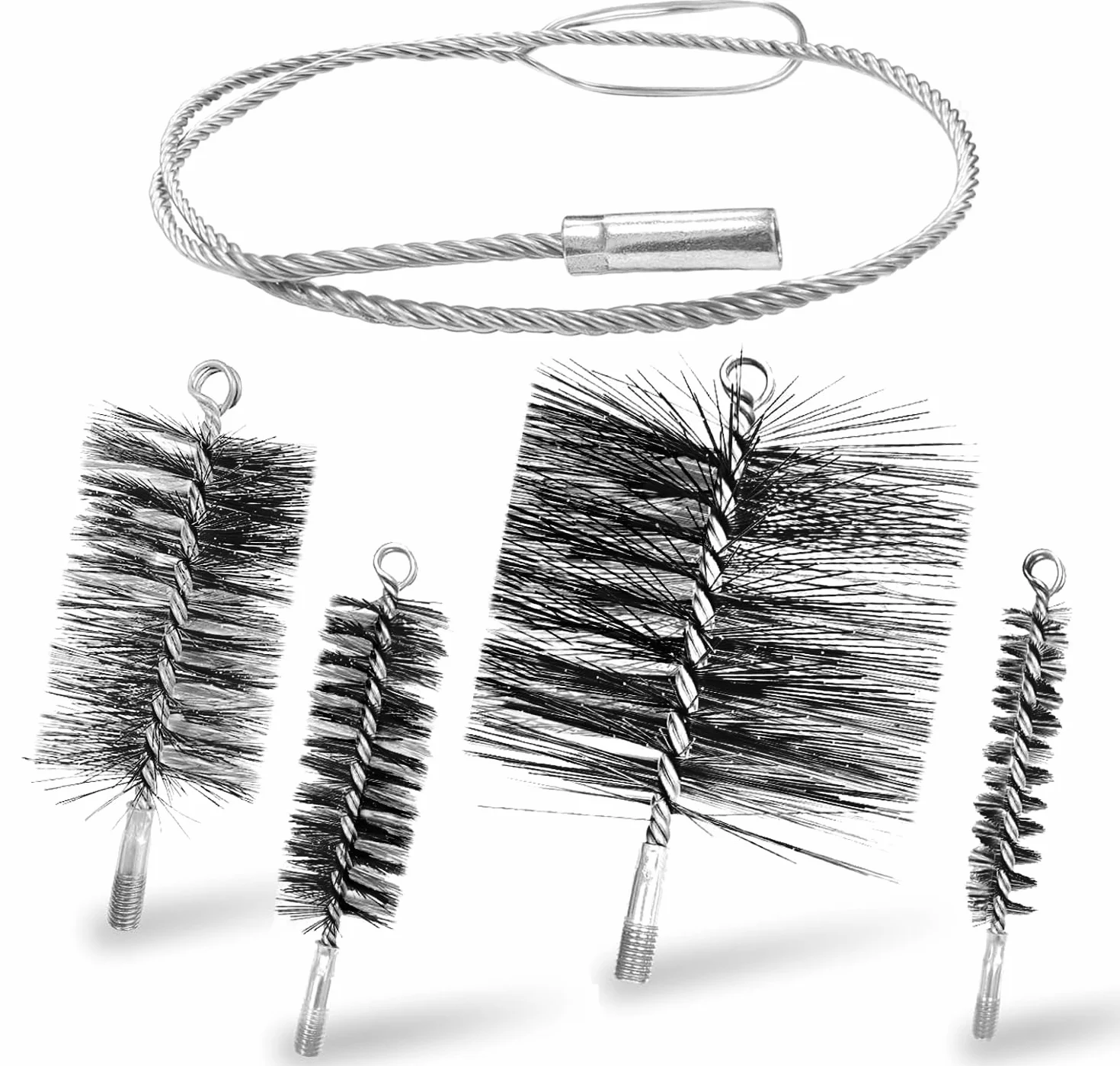 Juego de 5 cepillos de Tubo de Estufa para Tubos de Estufa y Chimenea - Diámetros 30, 50, 80, 150 mm con Varilla Flexible de 1m - Acero para Limpiar Calderas, Conductos de Humos (Plateado)