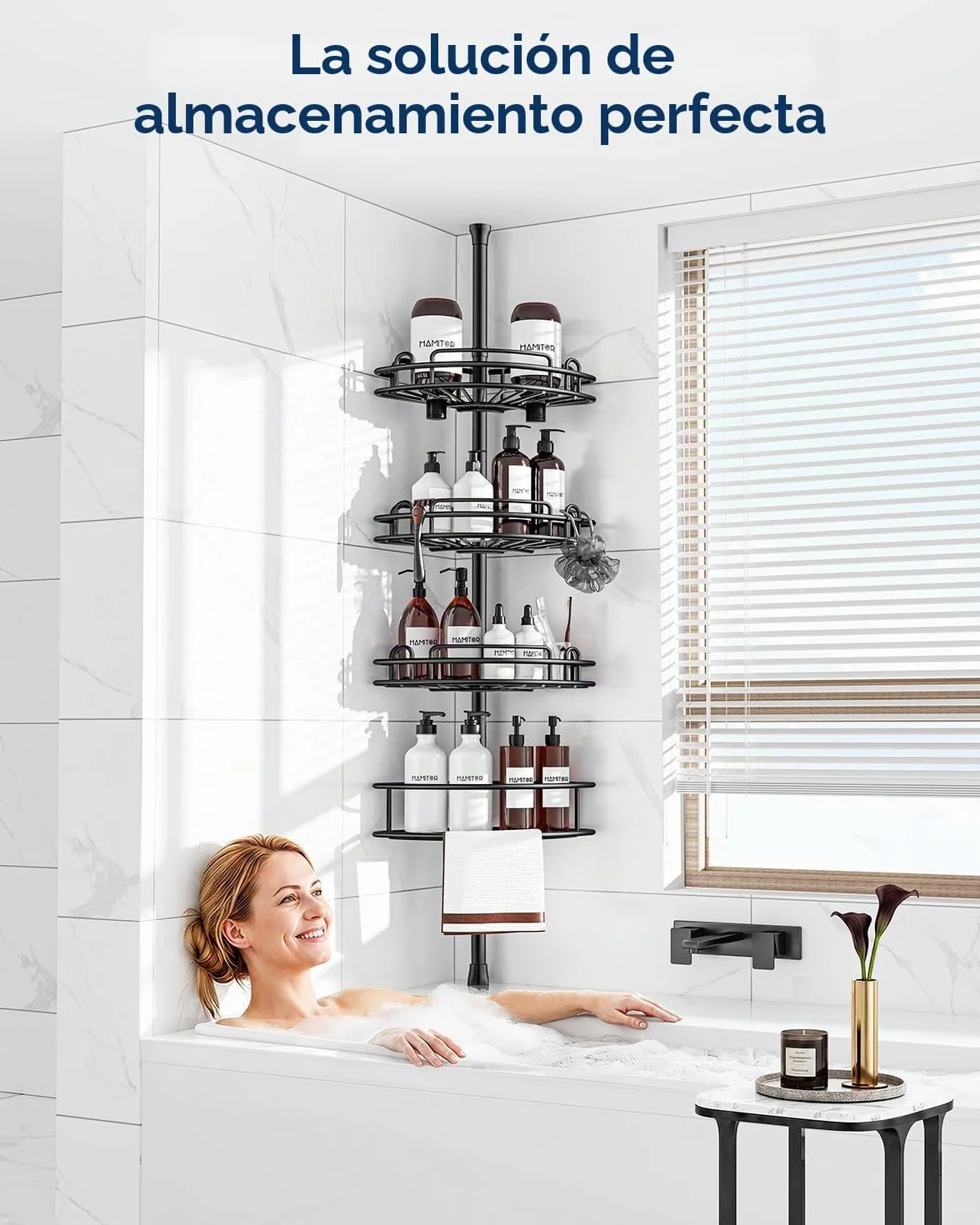 HAMITOR Estantería Baño Ducha Telescópica de 4 Pisos, Ángulo de Metal para Cuarto de Baño, sin Taladrar, Almacenamiento para Champús, Jabones y Geles de Ducha, Longitud Regulable 121-314 cm, Negro