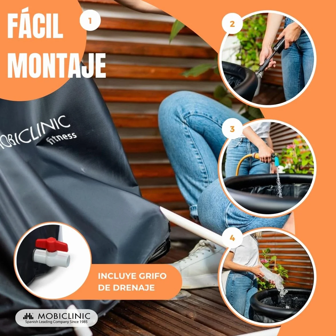 Mobiclinic® Fitness, Bañera de Hielo, 350l, Recuperación Muscular, para Deportistas, 83x83x75cm, Artic, Portátil, Terapia Dual, Bolsa Transporte, Cojín Inflable y Tapa, Borde