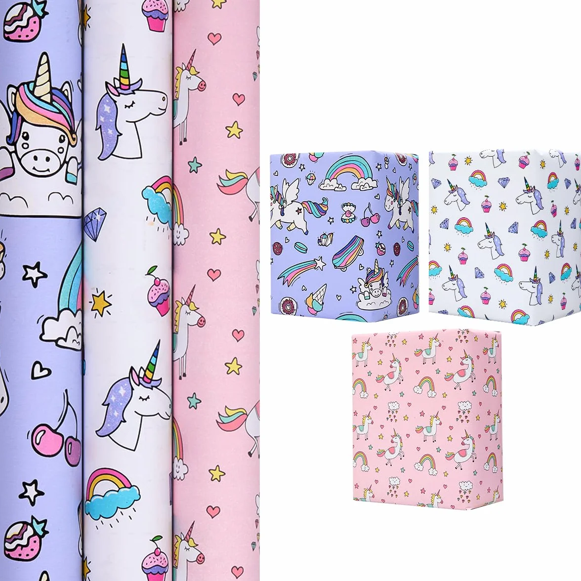 Papel para Envolver Regalos de Cumpleaños 3 Rollos 43 cm x 3 m Estampado Unicornio Morado Rosa Blanco